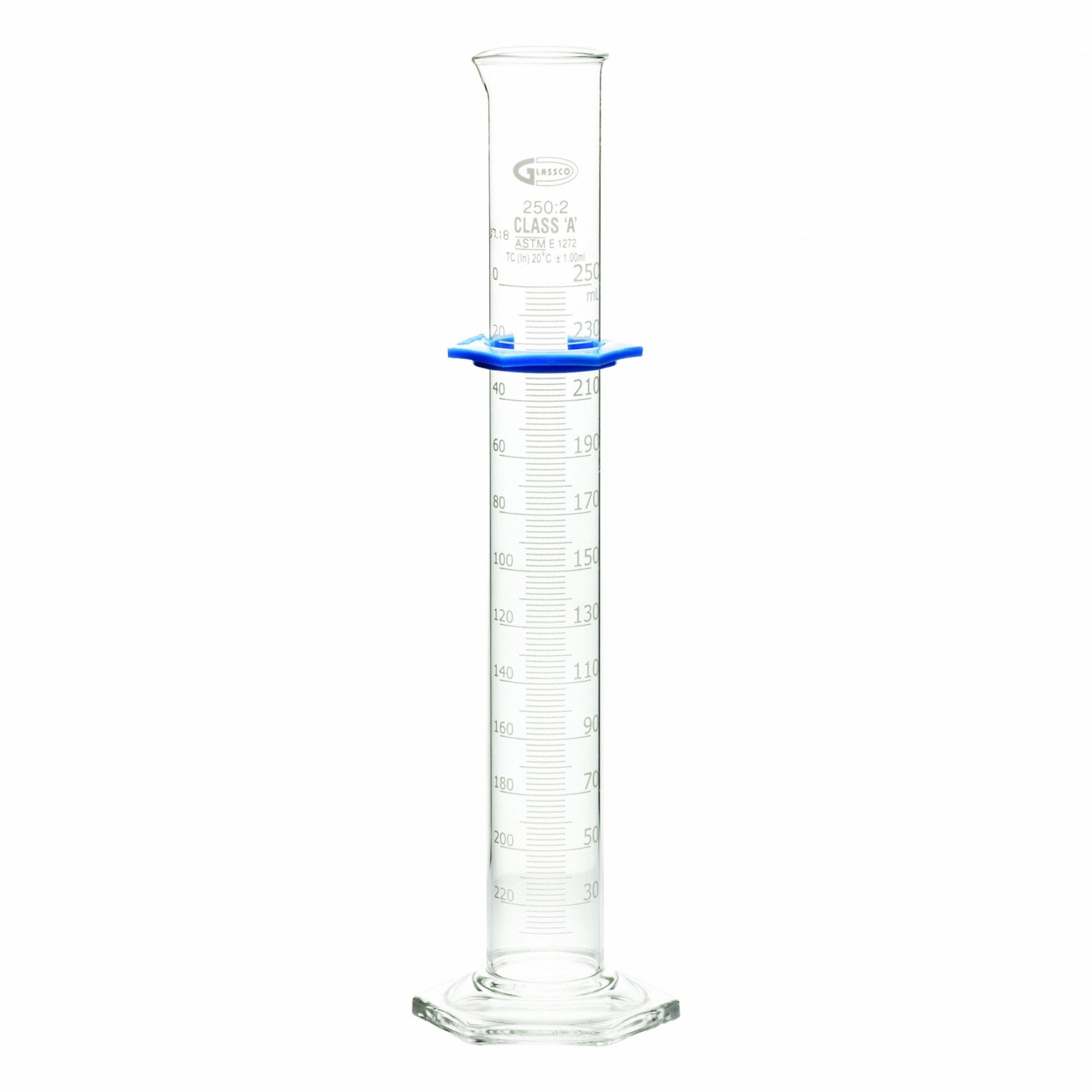 UNITED SCIENTIFIC SUPPLIES INC Graduated Cylinder: 250 mL, A, To Contain (TC), Bumper Included (MPN CY3021-250). Key specifications — ASTM Specification: E1272; Brand: UNITED SCIENTIFIC SUPPLIES INC; USP Specification: Type I; Closure Included: No; Includes: Bumper.
