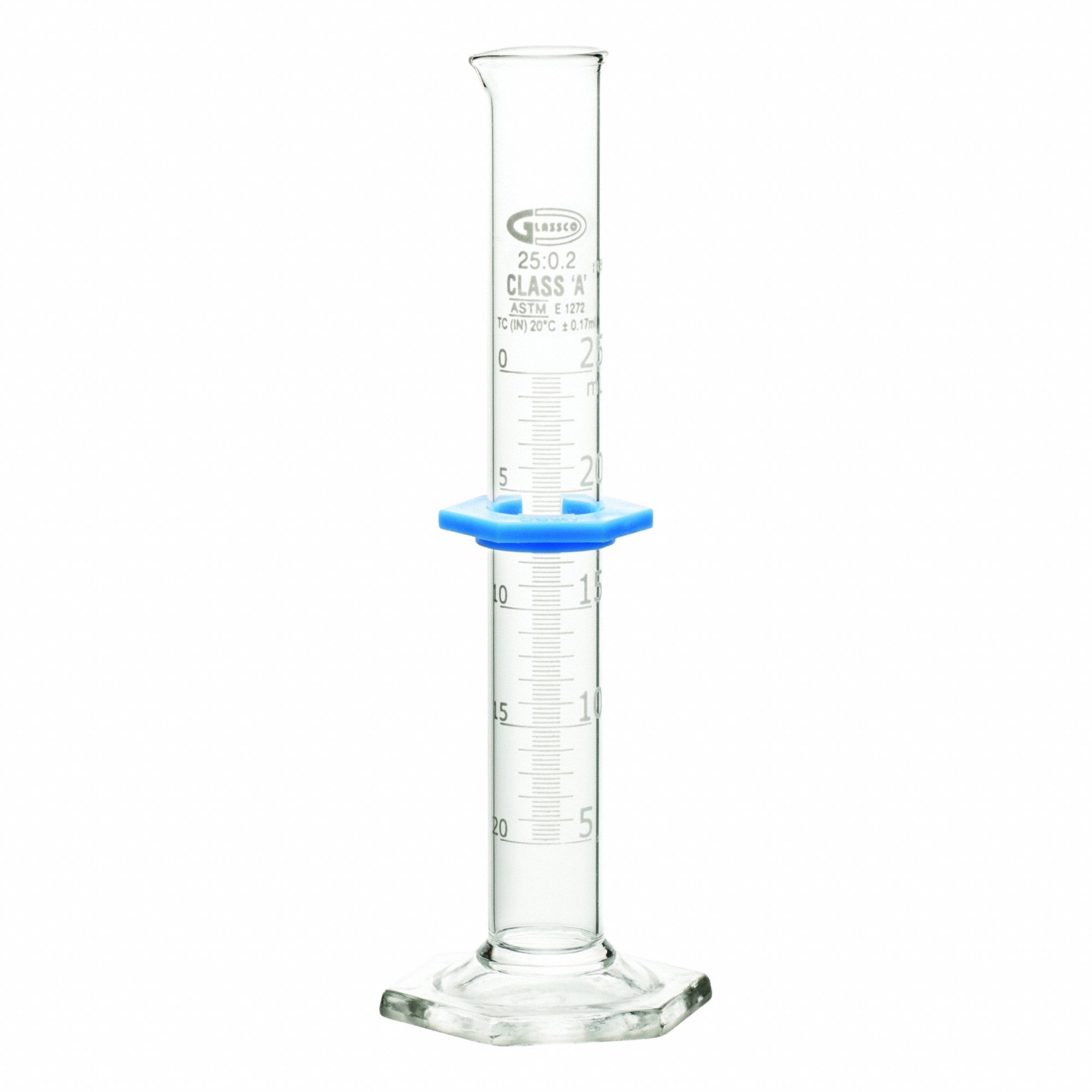 UNITED SCIENTIFIC SUPPLIES INC Graduated Cylinder: 25 mL, A, To Contain (TC), Bumper Included (MPN CY3021-25). Key specifications — ASTM Specification: E1272; Brand: UNITED SCIENTIFIC SUPPLIES INC; USP Specification: Type I; Closure Included: No; Includes: Bumper.