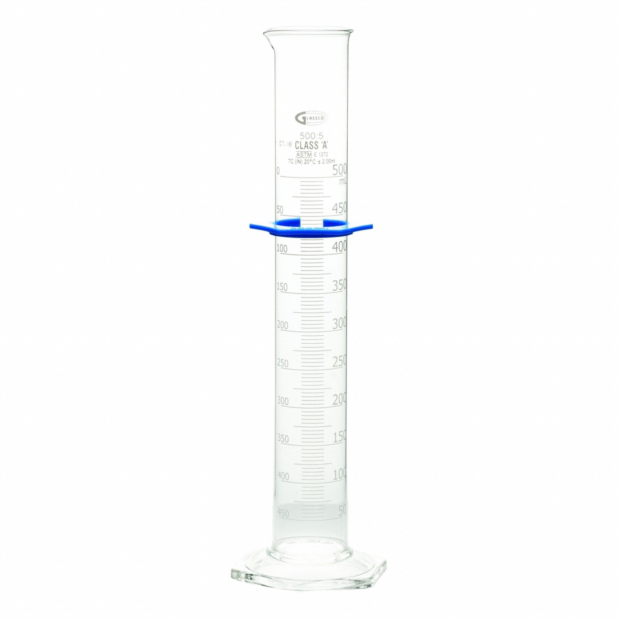 UNITED SCIENTIFIC SUPPLIES INC Graduated Cylinder: 500 mL, A, To Contain (TC), Bumper Included (MPN CY3021-500). Key specifications — ASTM Specification: E1272; Brand: UNITED SCIENTIFIC SUPPLIES INC; USP Specification: Type I; Closure Included: No; Includes: Bumper.