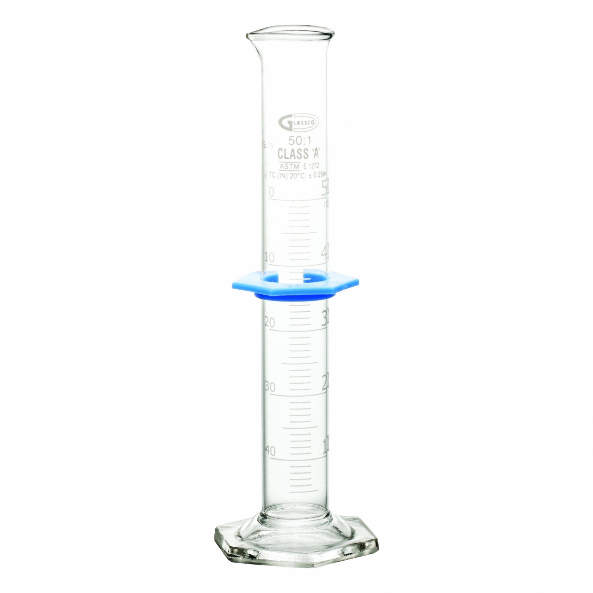 UNITED SCIENTIFIC SUPPLIES INC Graduated Cylinder: 50 mL, A, To Contain (TC), Bumper Included (MPN CY3021-50). Key specifications — ASTM Specification: E1272; Brand: UNITED SCIENTIFIC SUPPLIES INC; USP Specification: Type I; Closure Included: No; Includes: Bumper.
