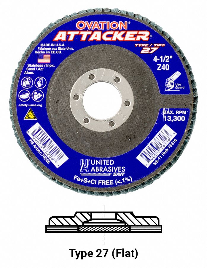UNITED ABRASIVESSAIT, Type 27, 4 1/2 in x 7/8 in, Flap Disc 5LTX0