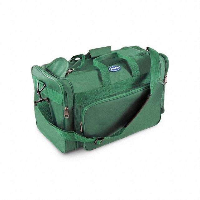 Duffel Bag: Green, (2) Side Compartments/Front Compartment, Zipper, 9 in Overall Lg