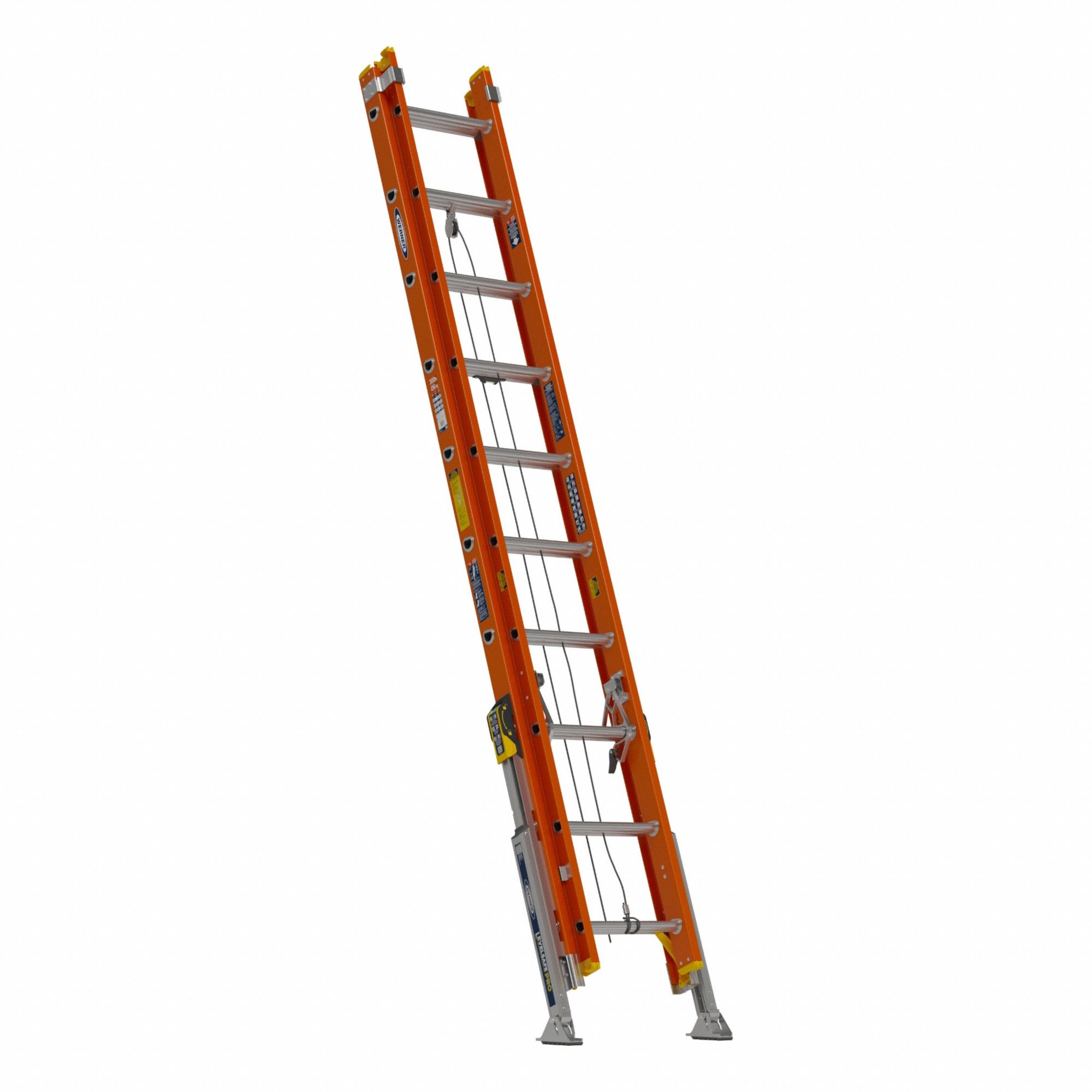 WERNER Extension Ladder: 20 ft Ladder Size, Fiberglass, 300 lb Load Capacity, 65 lb Wt, 2 Sections (MPN D6220-2L). Key specifications — Color: Orange; Brand: WERNER; Included Features: V-Rung; Removable Fly: Removable.