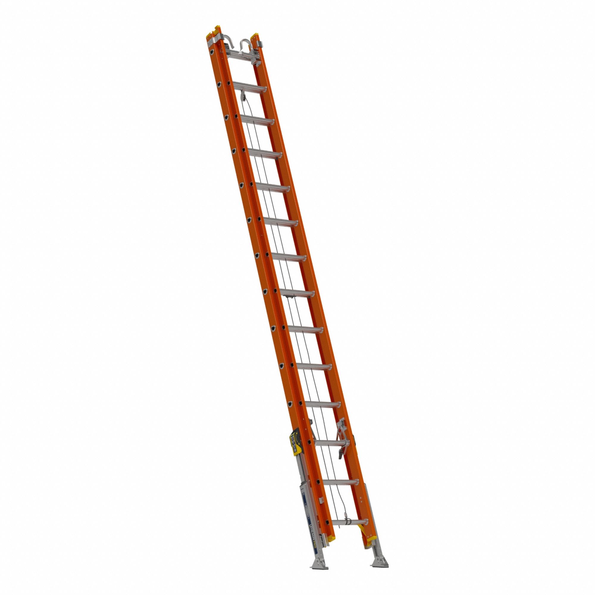 WERNER Extension Ladder: 28 ft Ladder Size, Fiberglass, 300 lb Load Capacity, 87 lb Wt, 2 Sections (MPN D6228-2CL). Key specifications — Color: Orange; Brand: WERNER; Included Features: Bubble Level; Removable Fly: Removable.