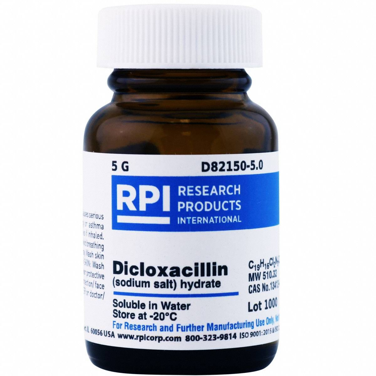 Antibiotics: 13412-64-1, 5 g Volume, Crystalline Powder, Lab, C19H16Cl2N3NaO5S • H2O, Antibiotic
