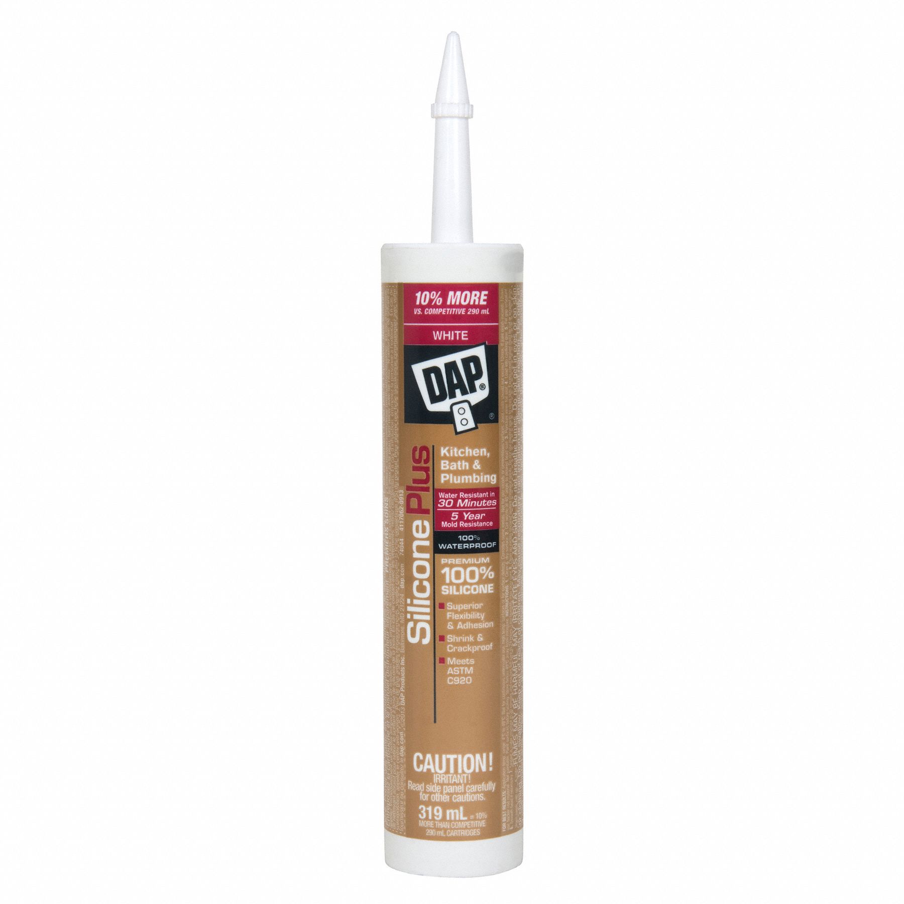 SILICONE PLUS SEALANT, 10.8 OZ CARTRIDGE, 1 DAY CURE, 50 MIN WORK TIME, FLEXIBLE, WHITE