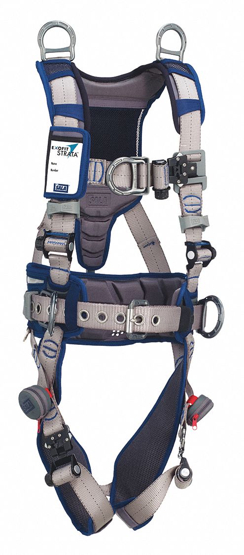 CONSTRUCTION HARNESS, 420 LBS, QUICK-CONNECT BUCKLES, BL/GRY, SZ M, ALUMINUM & POLYESTER