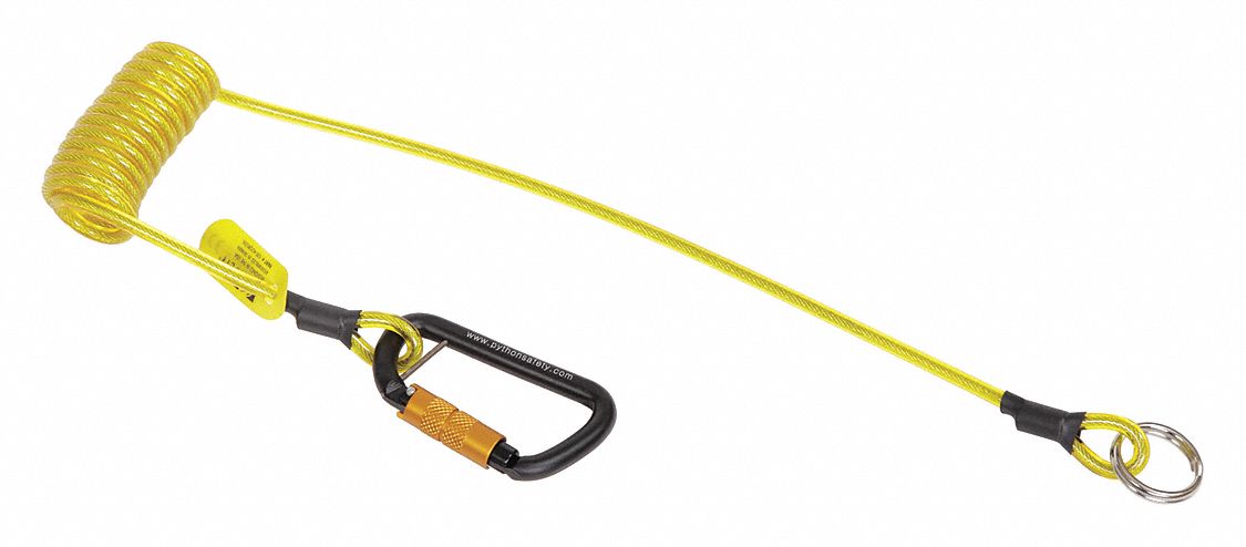TETHER COIL, SELF LOCKING CARABINER AND RING, 2 LB CAPACITY, YELLOW, PK 10