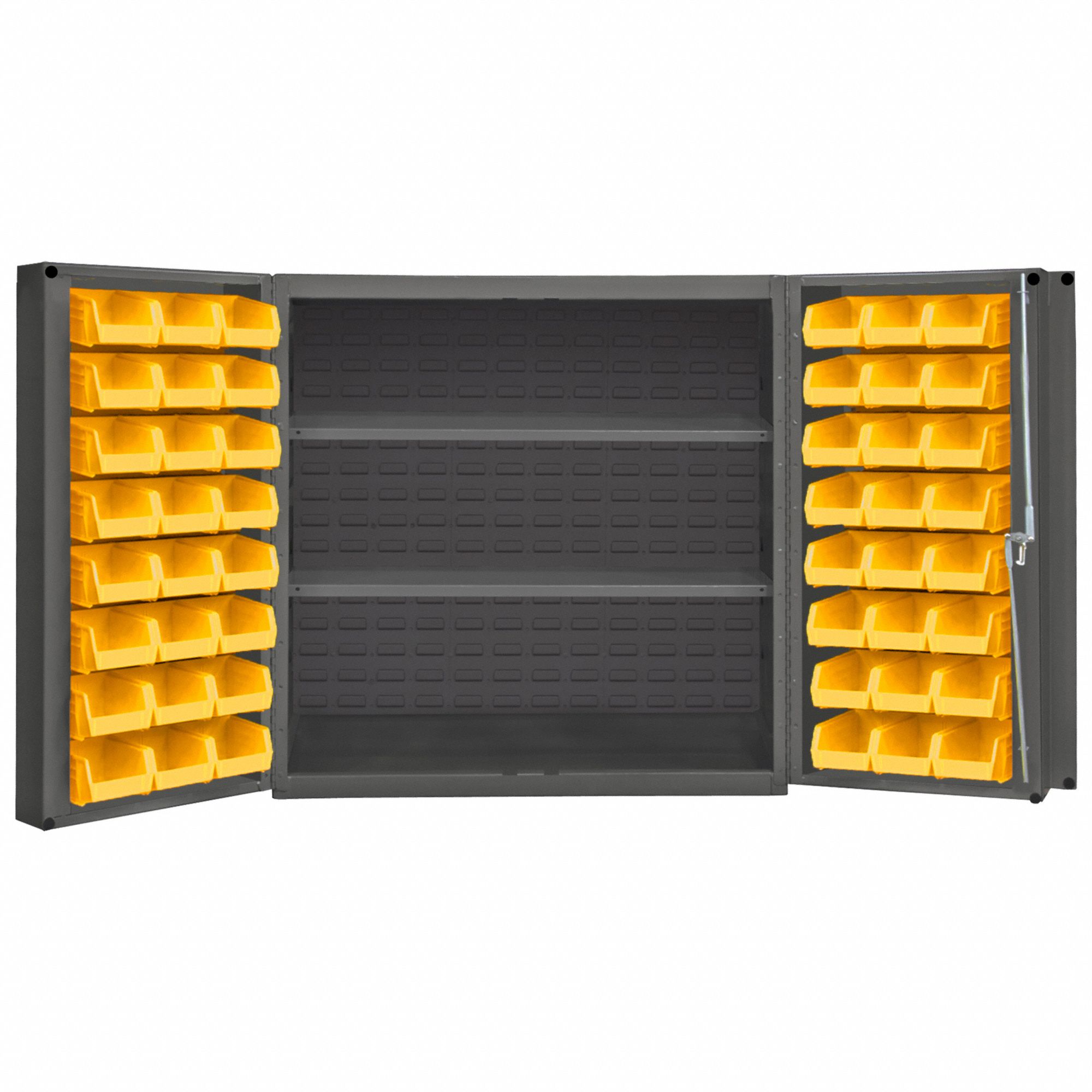 BIN CABINET, 36 IN X 24 IN 36 IN, 2 SHELVES, 48 BINS, YELLOW, DEEP BOX, 14 GA PANEL, GREY