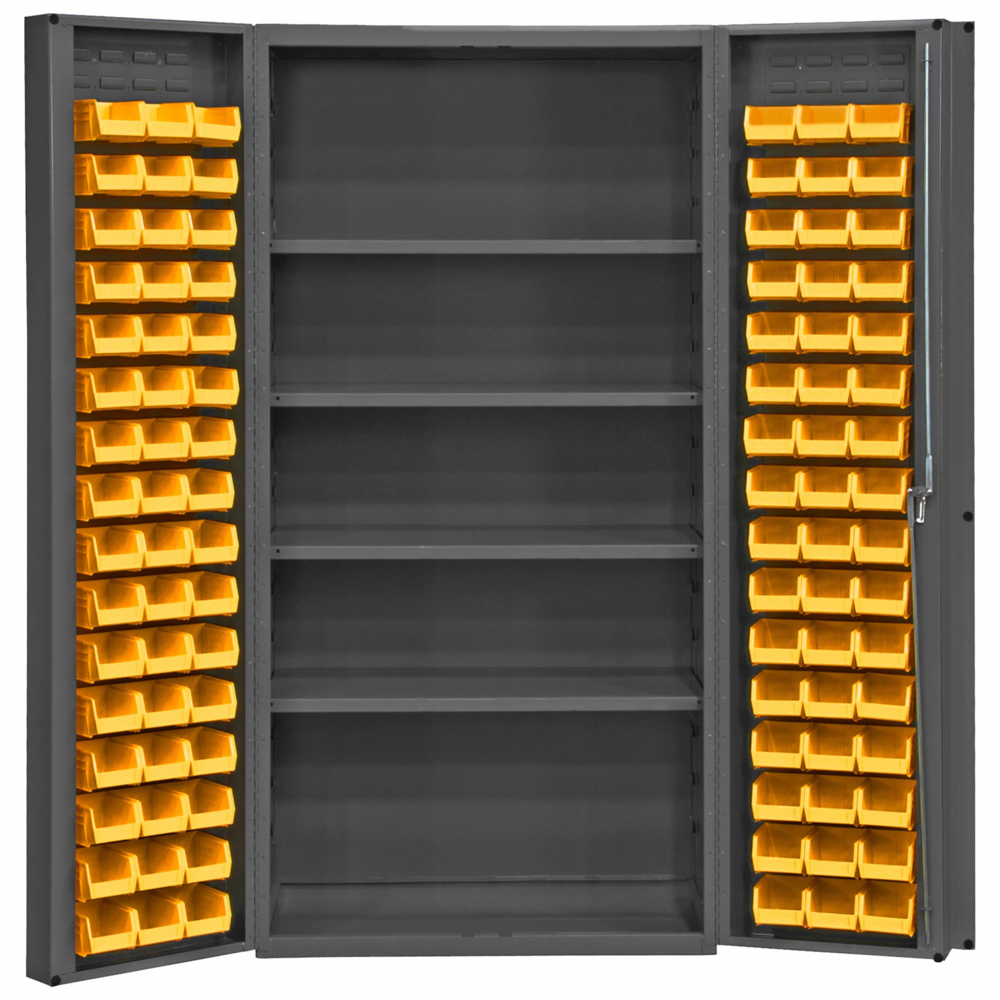 BIN CABINET, 36 IN X 24 IN 72 IN, 4 SHELVES, 96 BINS, YELLOW, DEEP BOX, 14 GA PANEL, GREY