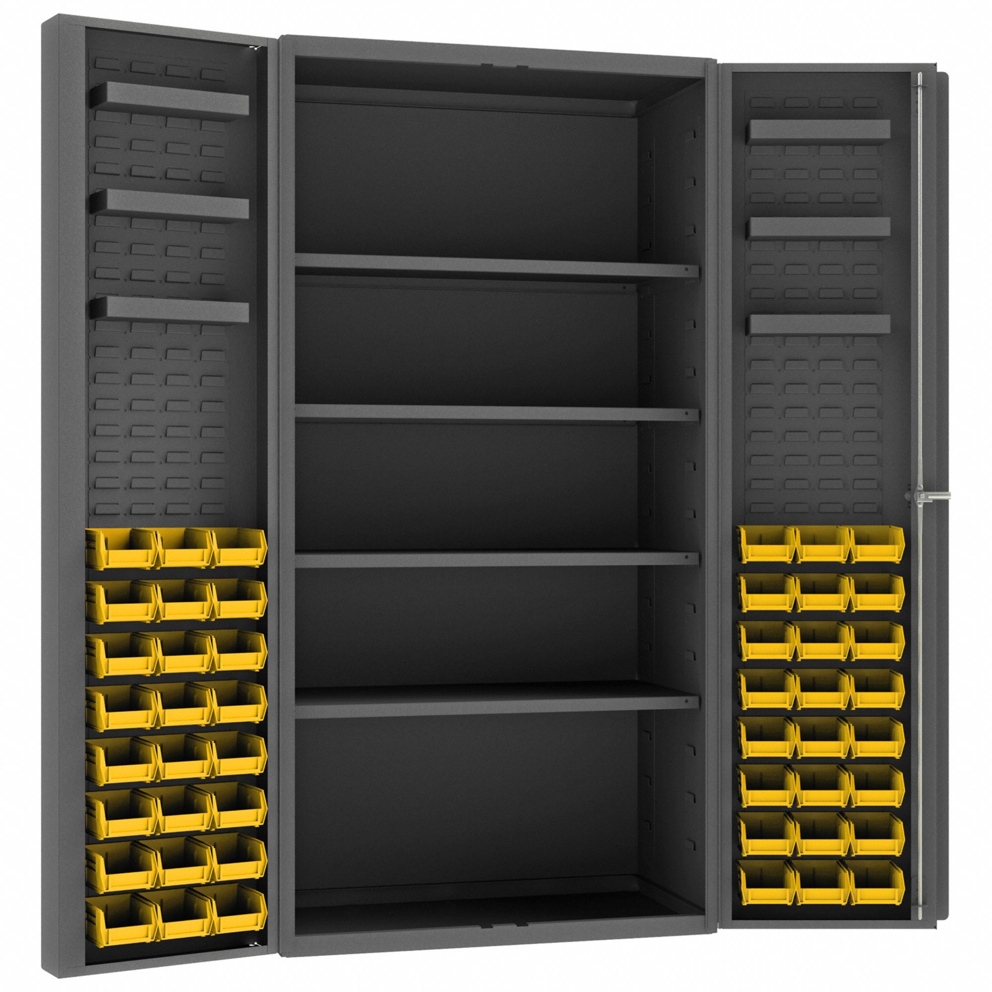 BIN CABINET, 36 IN X 24 IN 72 IN, 10 SHELVES, 48 BINS, YELLOW, DEEP BOX, 14 GA PANEL