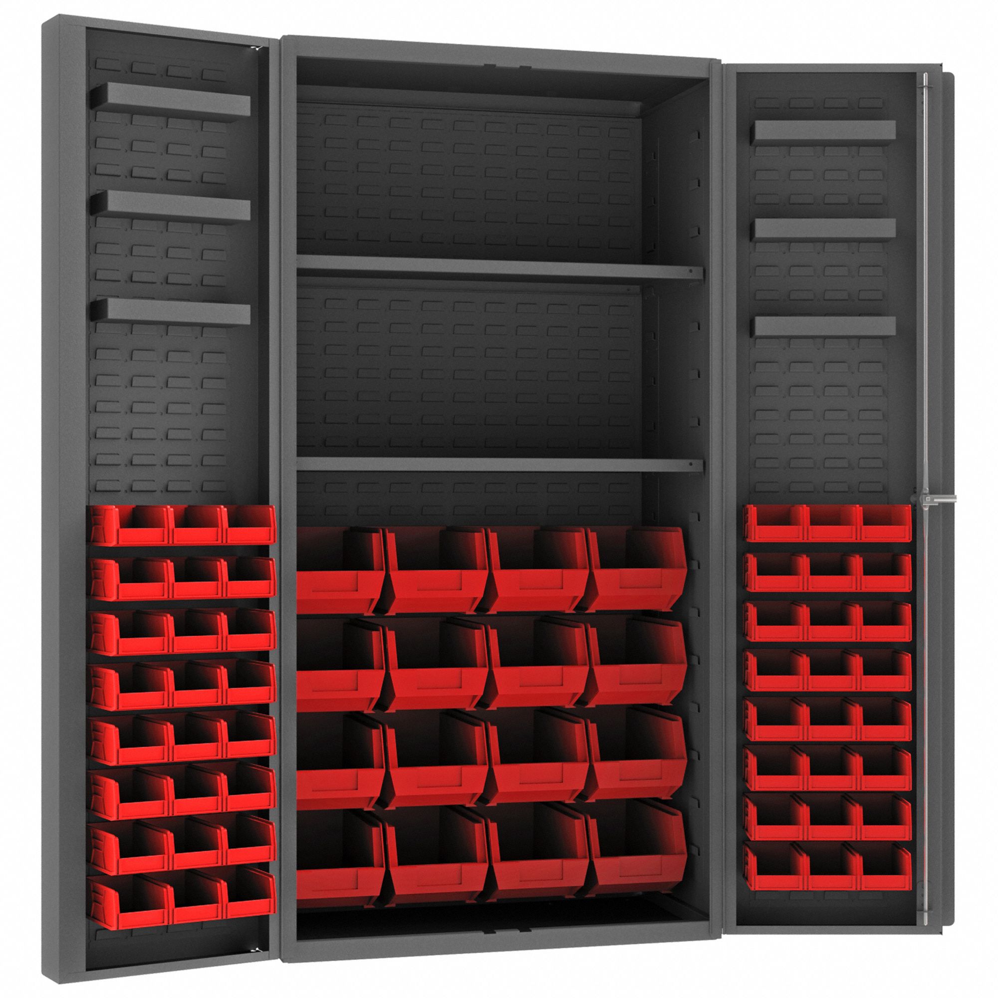 Bin Cabinet: 36 in x 24 in 72 in, 8 Shelves, 64 Bins, Red, Deep Box, 14 ga Panel, Gray