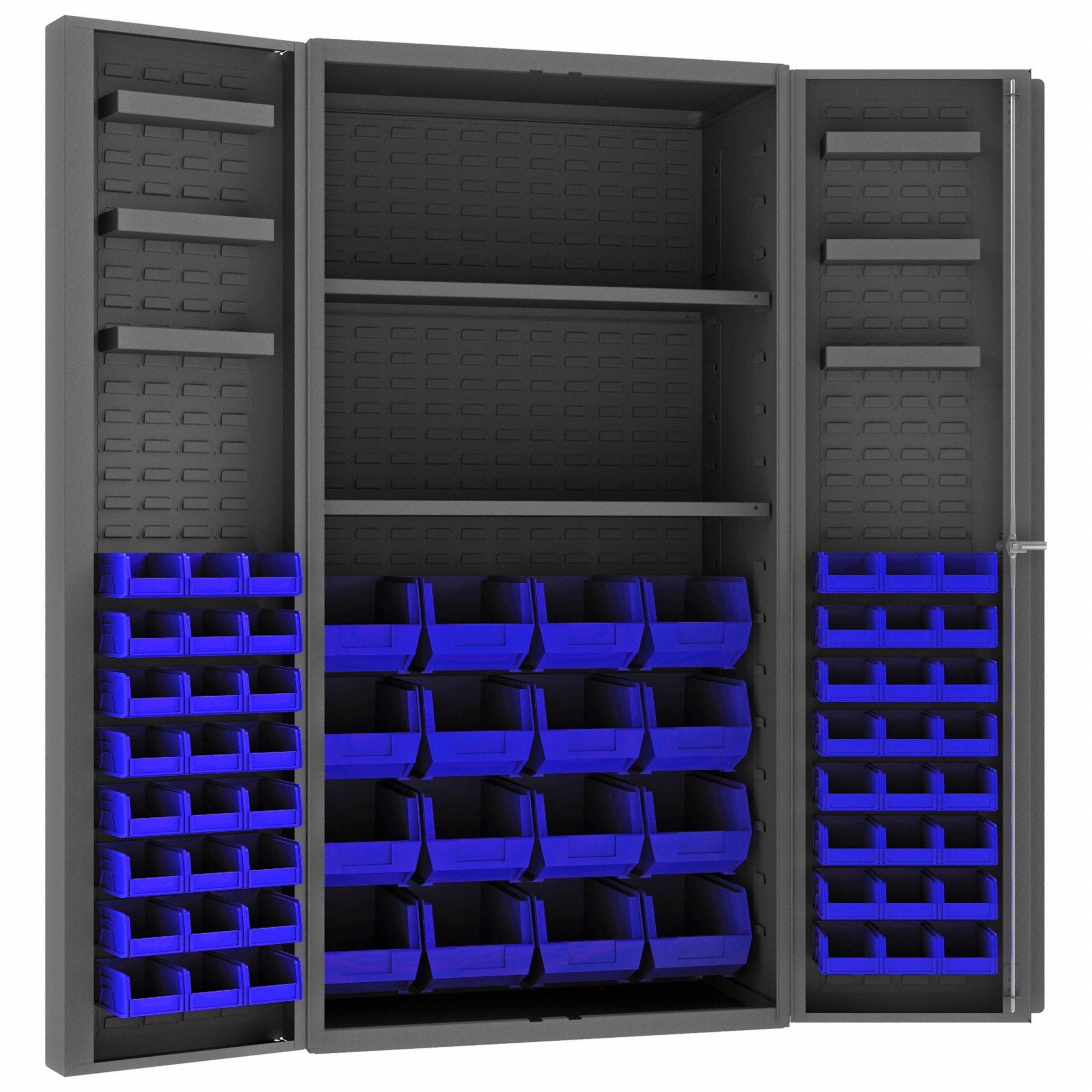 Bin Cabinet: 36 in x 24 in 72 in, 8 Shelves, 64 Bins, Blue, Deep Box, 14 ga Panel, Gray