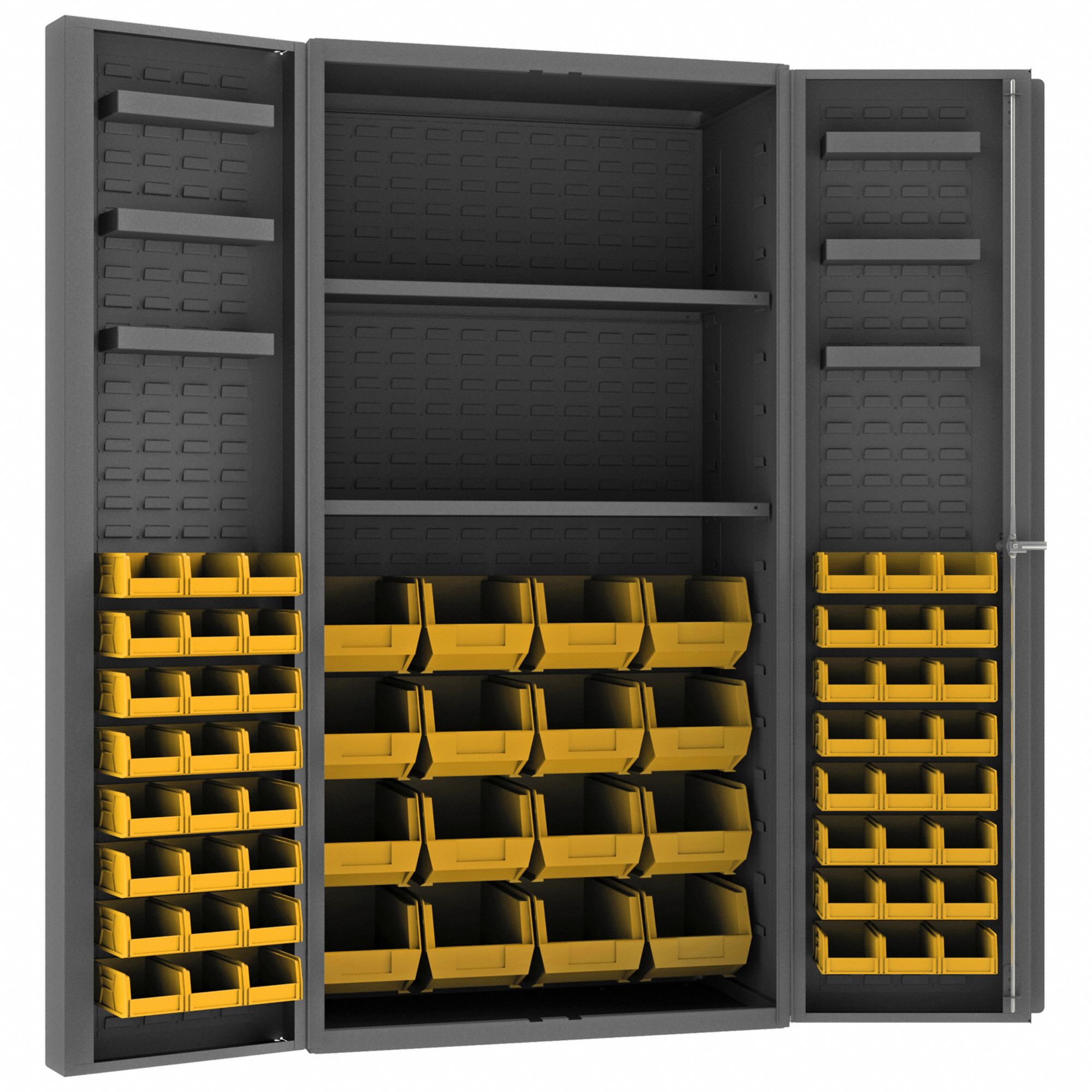 BIN CABINET, 36 IN X 24 IN 72 IN, 8 SHELVES, 64 BINS, YELLOW, DEEP BOX, 14 GA PANEL, GREY