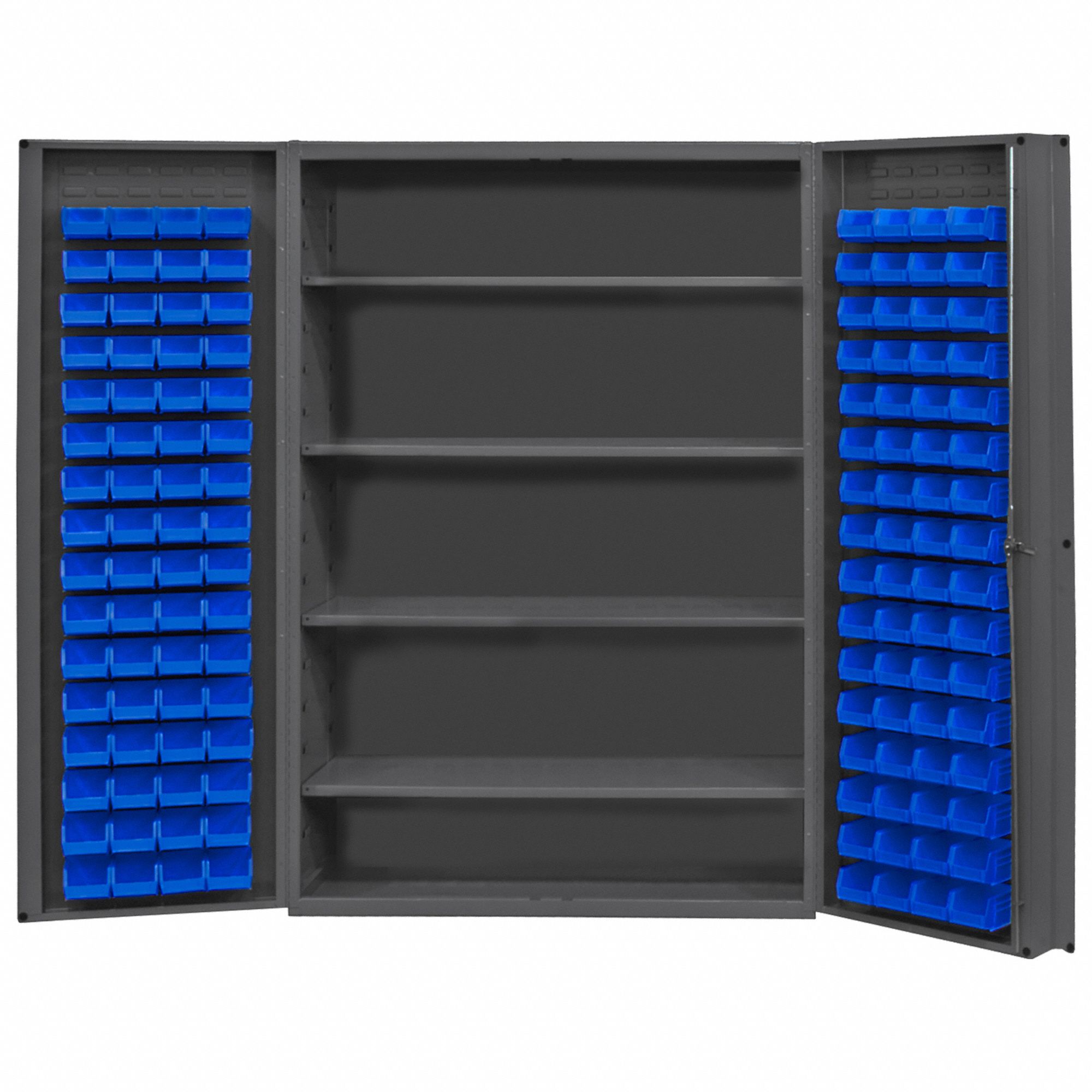 Bin Cabinet: 48 in x 24 in 72 in, 4 Shelves, 128 Bins, Blue, Deep Box, 14 ga Panel, Gray