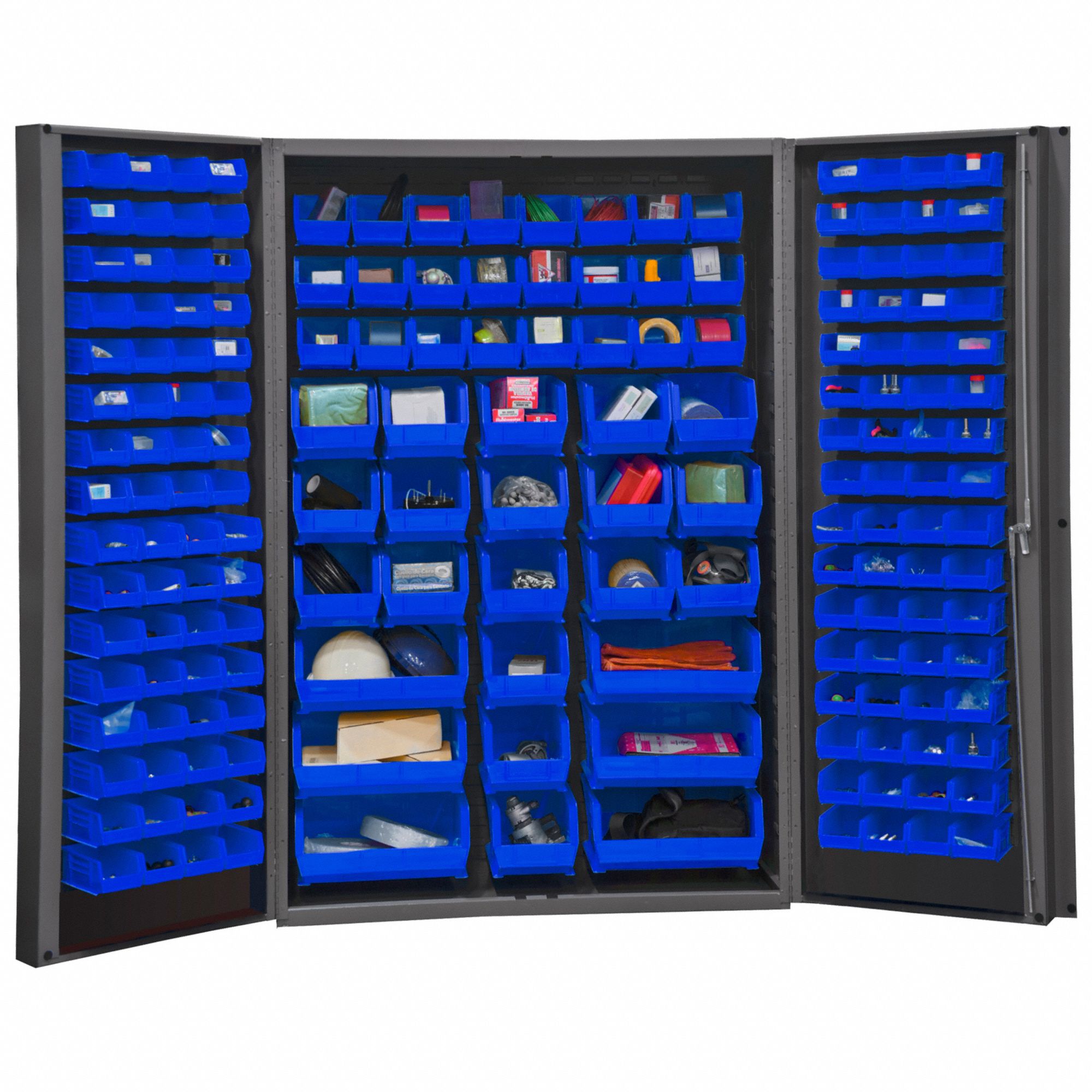 Bin Cabinet: 48 in x 24 in 72 in, 0 Shelves, 176 Bins, Blue, Deep Box, 14 ga Panel, Gray