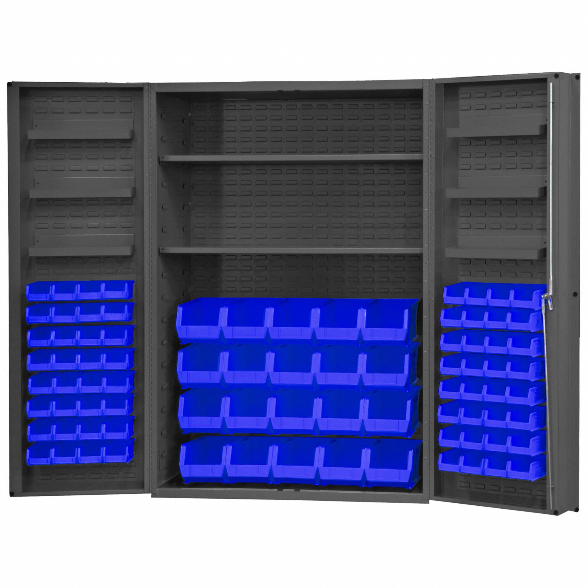 Bin Cabinet: 48 in x 24 in 72 in, 8 Shelves, 84 Bins, Blue, Deep Box, 14 ga Panel, Gray