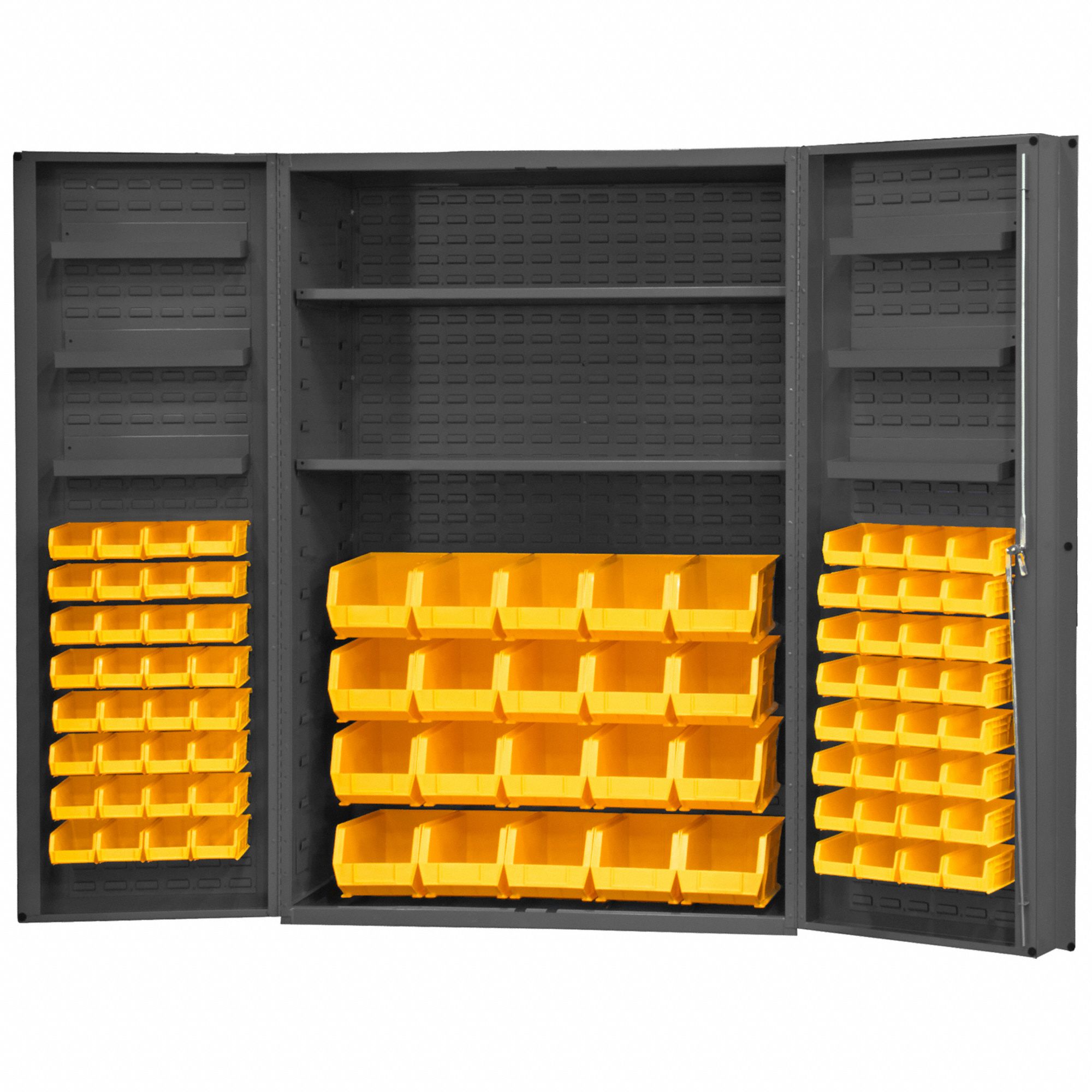 BIN CABINET, 48 IN X 24 IN 72 IN, 8 SHELVES, 84 BINS, YELLOW, DEEP BOX, 14 GA PANEL, GREY
