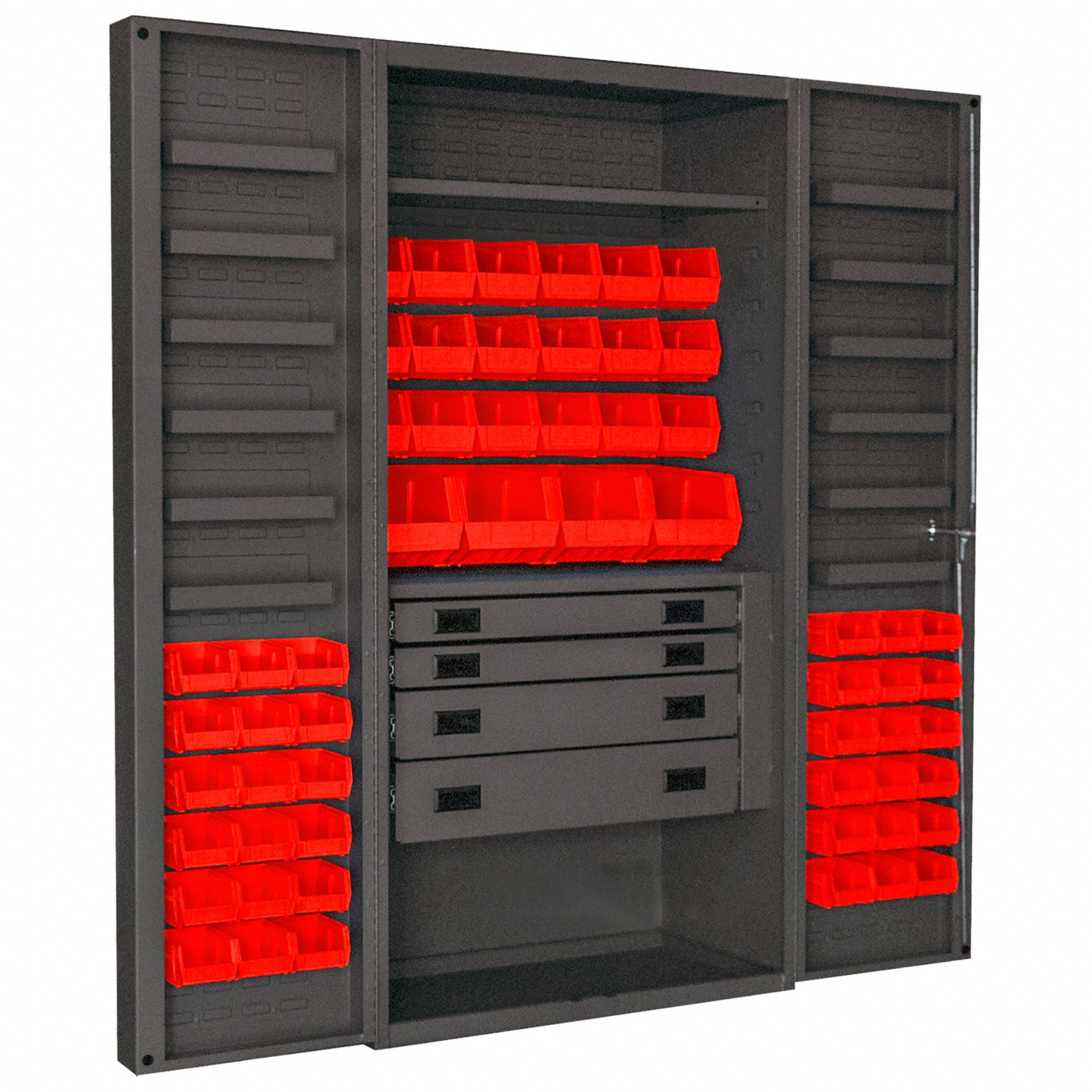 Bin Cabinet: 36 in x 24 in 72 in, 13 Shelves, 58 Bins, Red, 4 Drawers, Deep Box, Gray