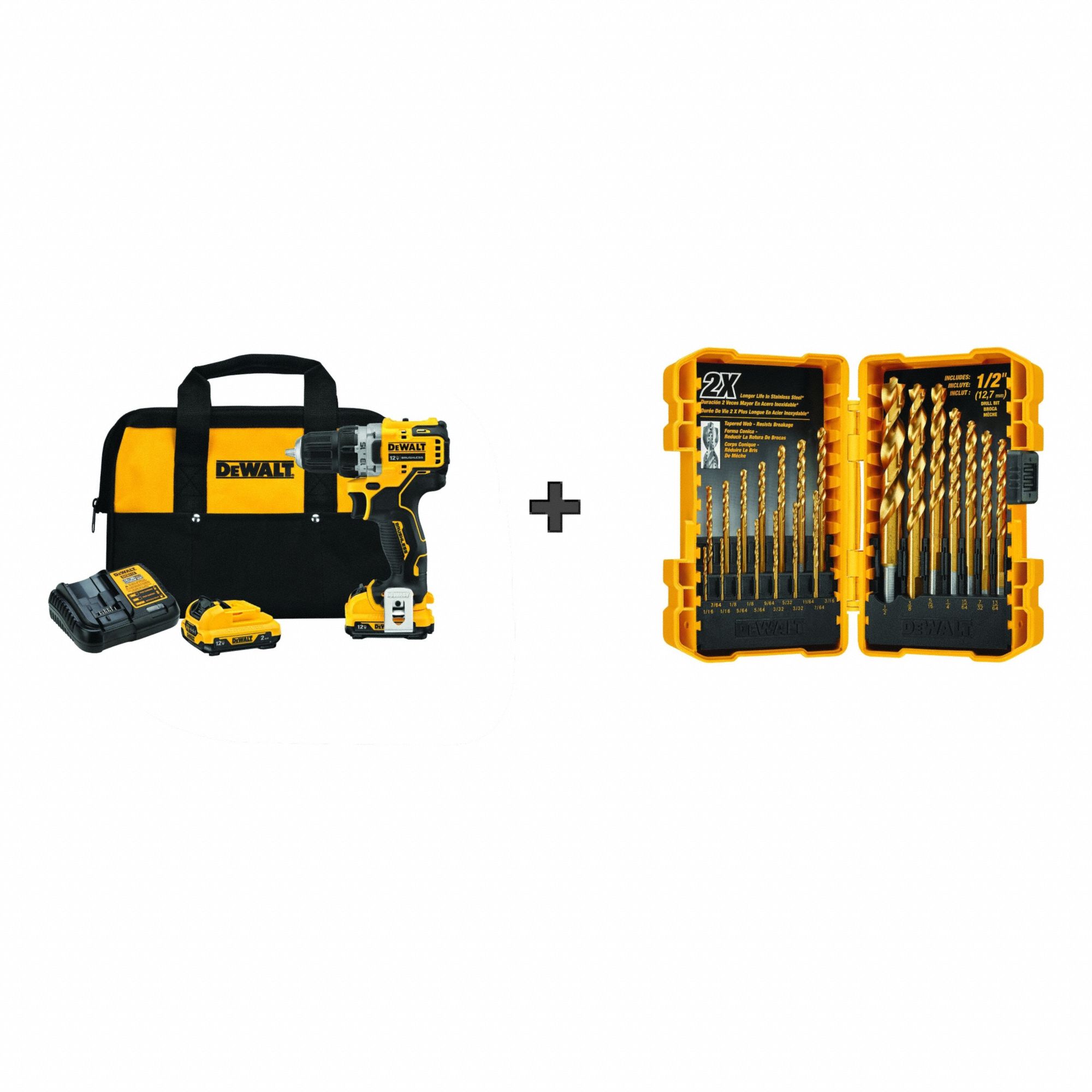 Drill Kit: 12V MAX*, Subcompact Premium, 3/8 in Chuck, 1, 500 RPM Max., Brushless, (2) 2.0 Ah