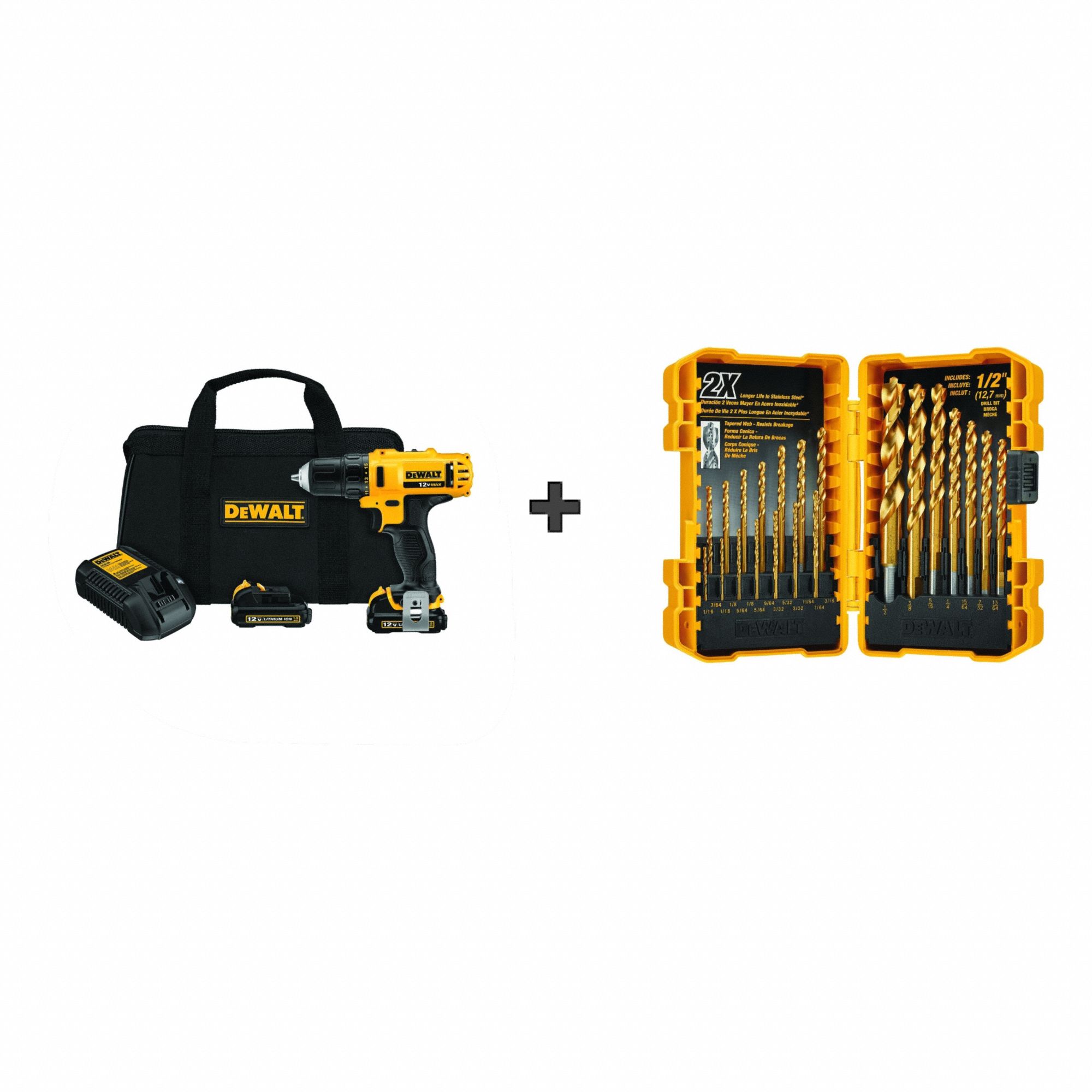 Drill Kit: 12V MAX*, Subcompact, 3/8 in Chuck, 1, 500 RPM Max., Brushed, Battery Included