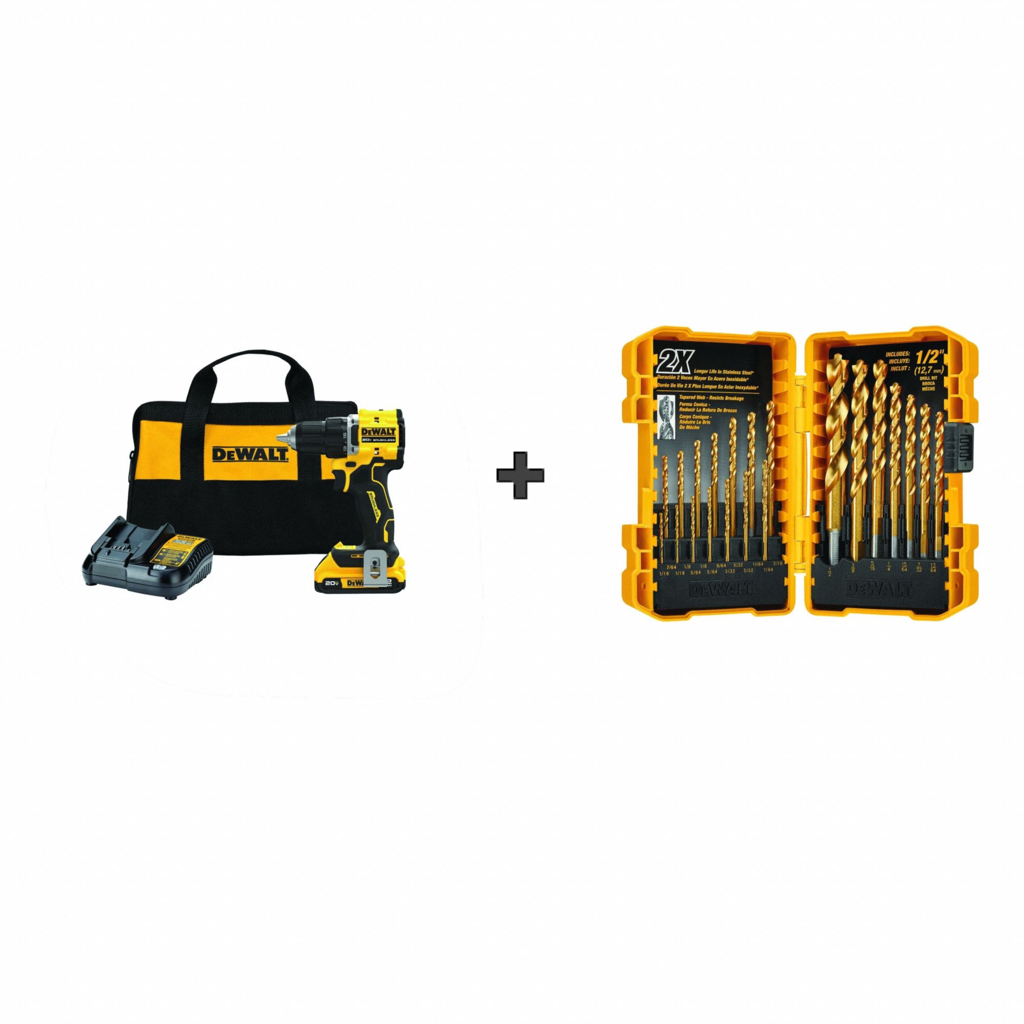 Drill Kit: 20V MAX* ATOMIC™, Compact, 1/2 in Chuck, 1, 650 RPM Max., Brushless, (1) 2.0 Ah