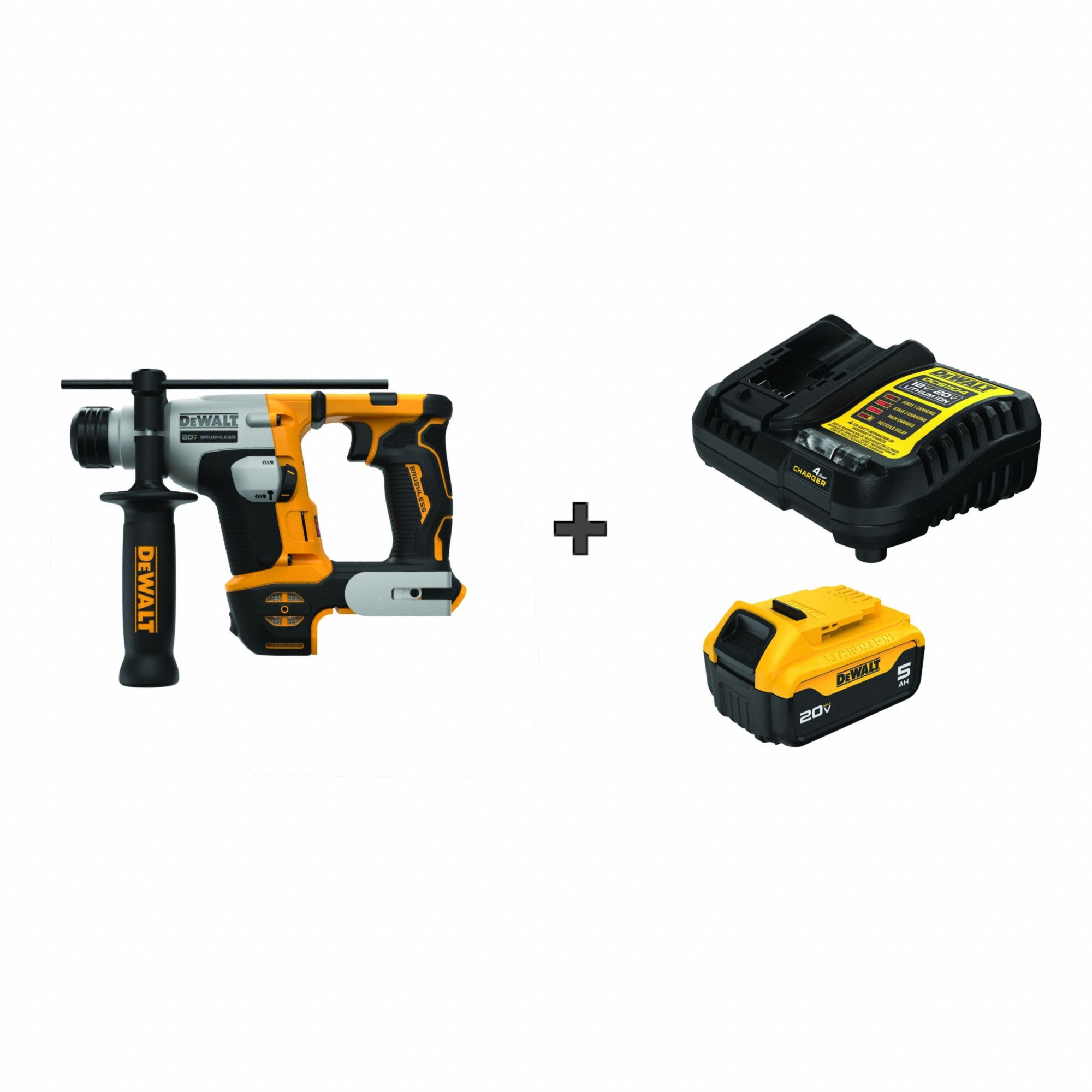 Cordless Rotary Hammer: L-Shape, 20V DC, SDS-Plus, 1/2 in max, 5.0 Ah, 1.03 ft-lb, 1, 100 bpm