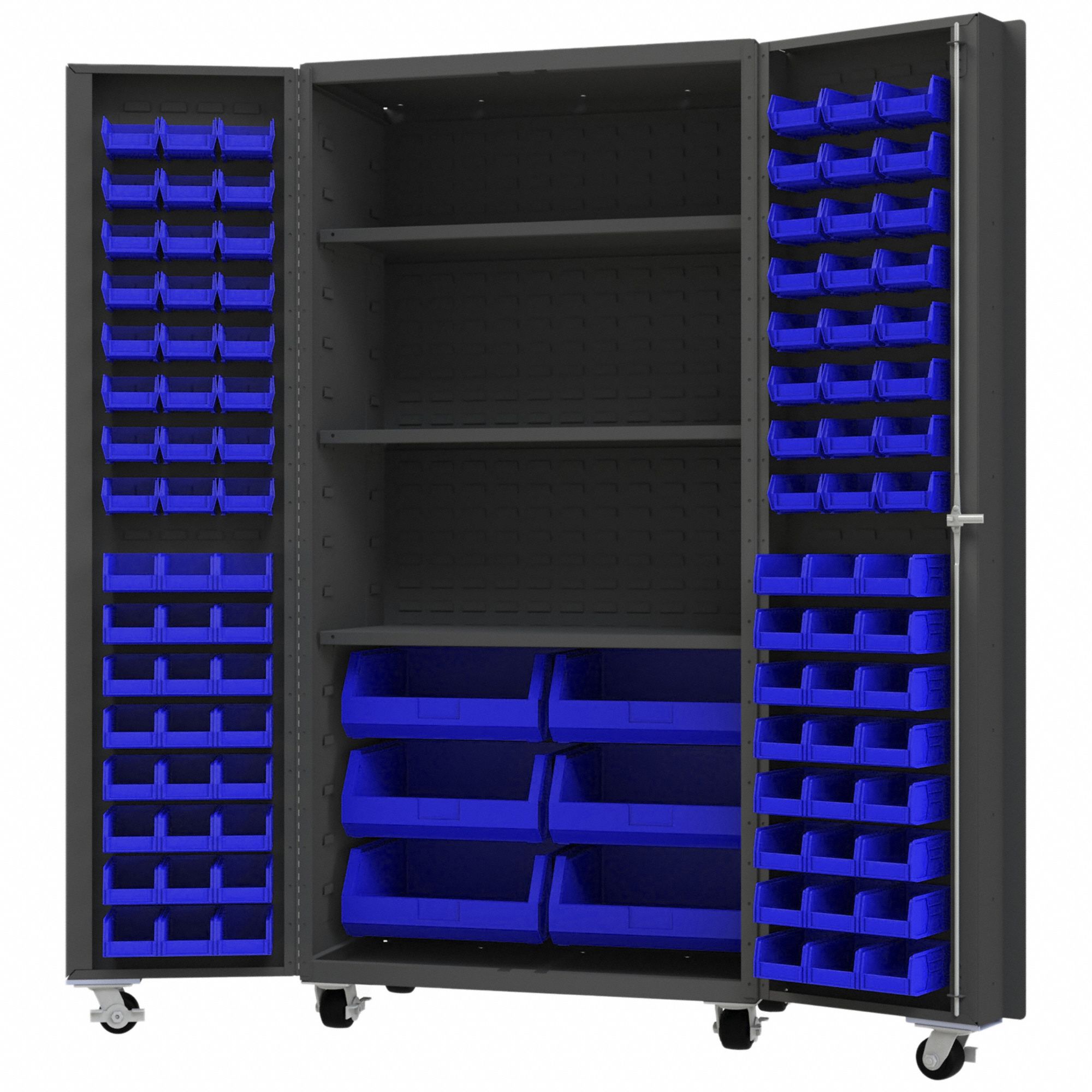 Heavy Duty Mobile Bin Cabinet: 36 1/4 in x 26 in x 76 1/4 in, 3 Shelves, 102 Bins, Blue