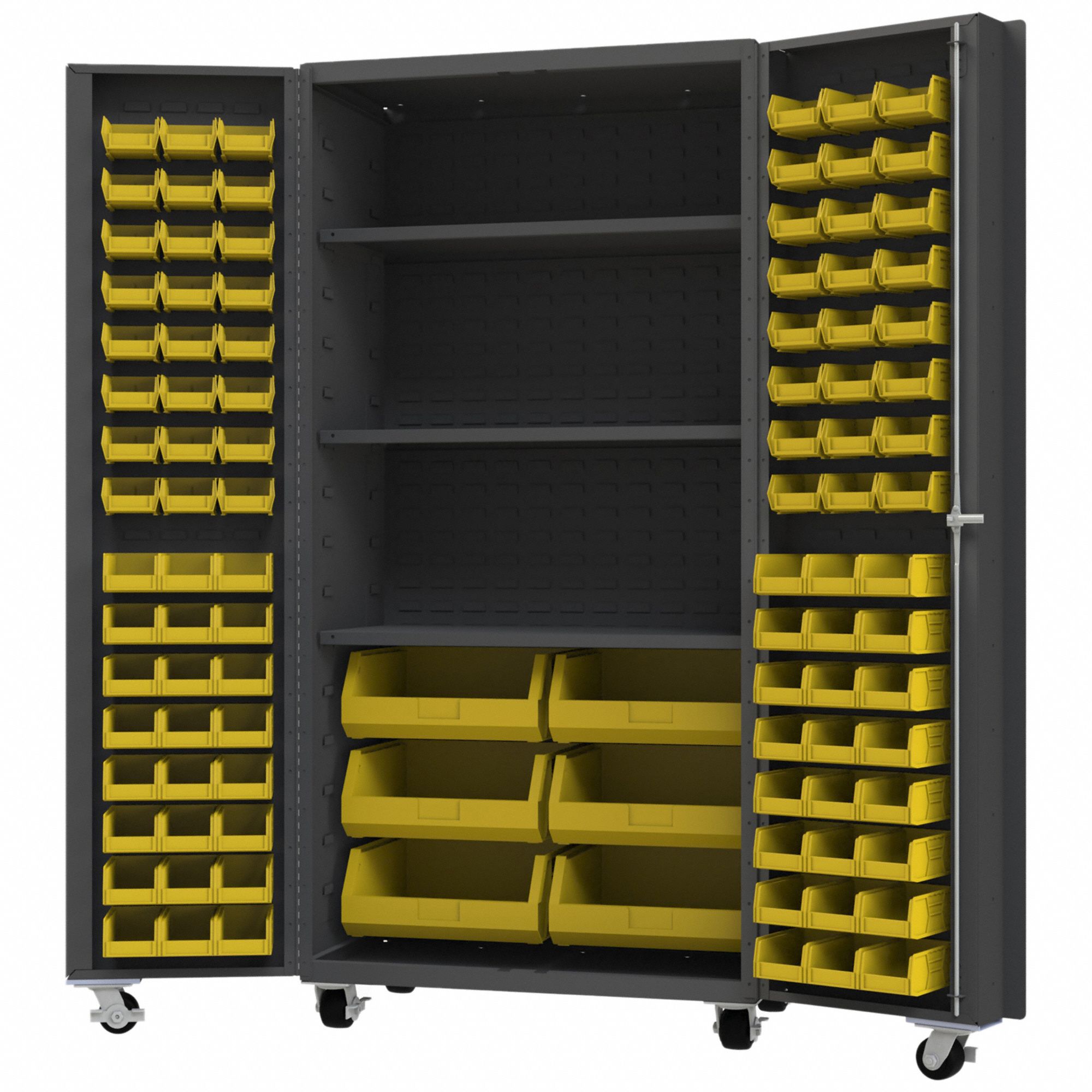 Heavy Duty Mobile Bin Cabinet: 36 1/4 in x 26 in x 76 1/4 in, 3 Shelves, 102 Bins, yellow