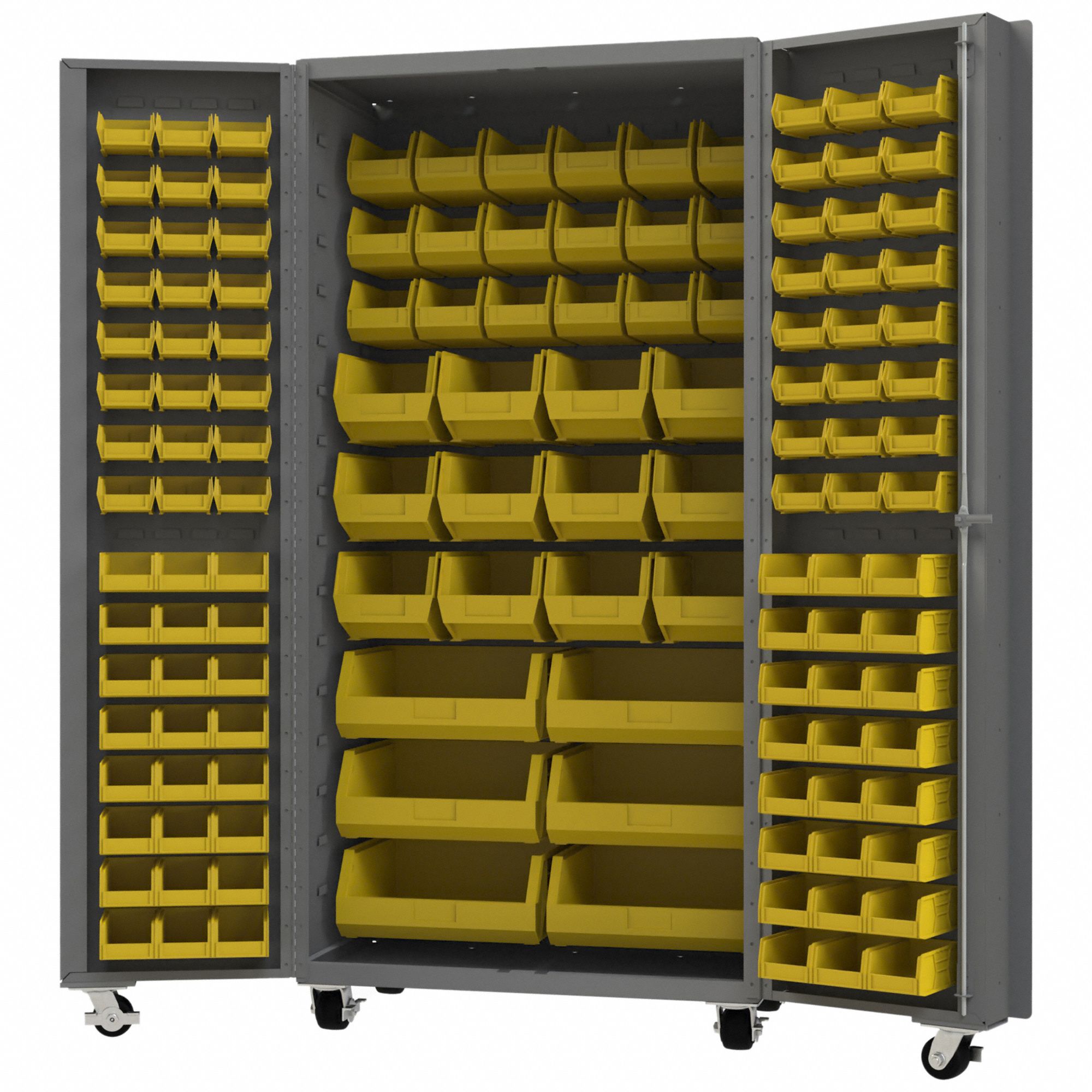 Heavy Duty Mobile Bin Cabinet: 36 1/4 in x 26 in x 76 1/4 in, 0 Shelves, 138 Bins, yellow