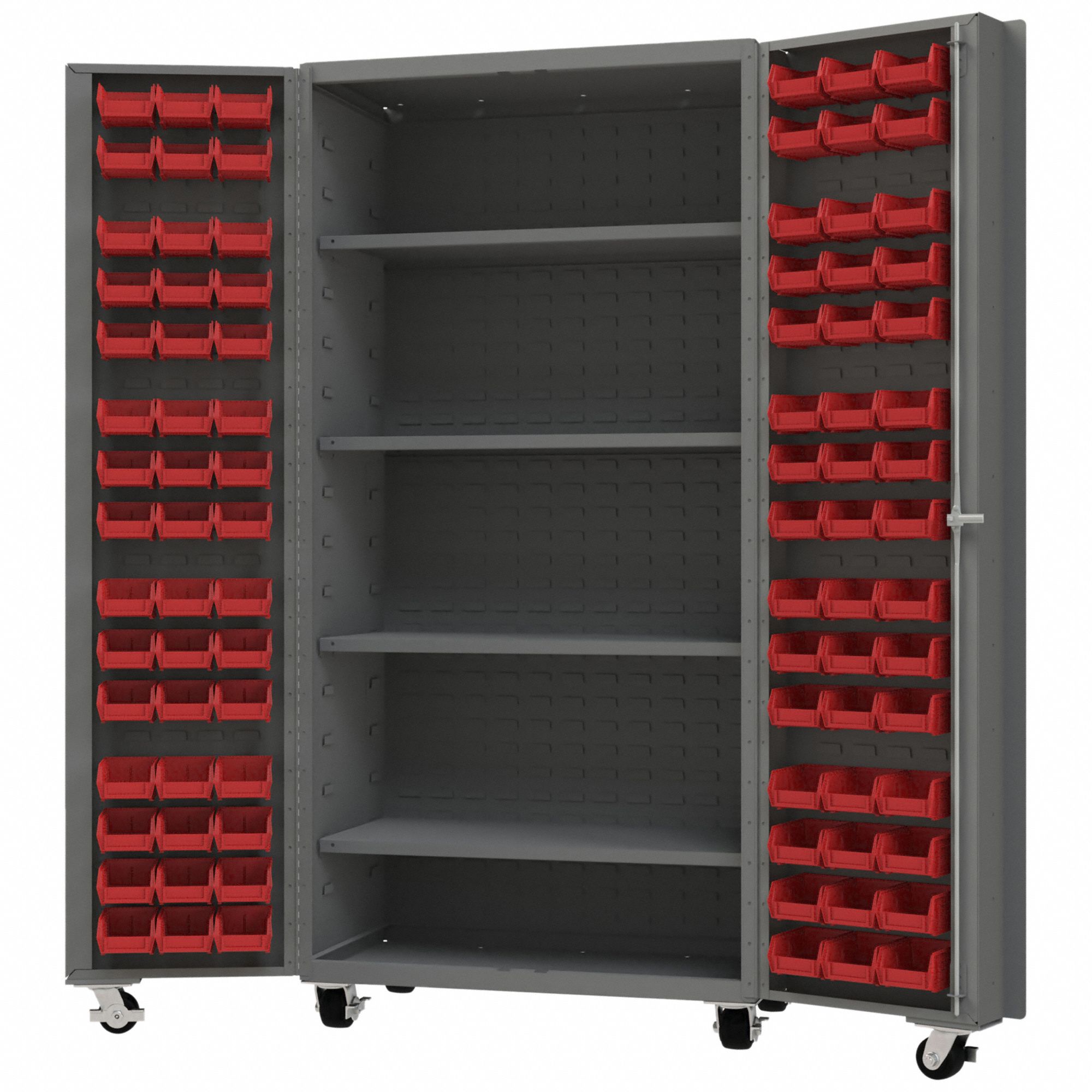Heavy Duty Mobile Bin Cabinet: 36 1/4 in x 26 in x 76 1/4 in, 4 Shelves, 96 Bins, Red