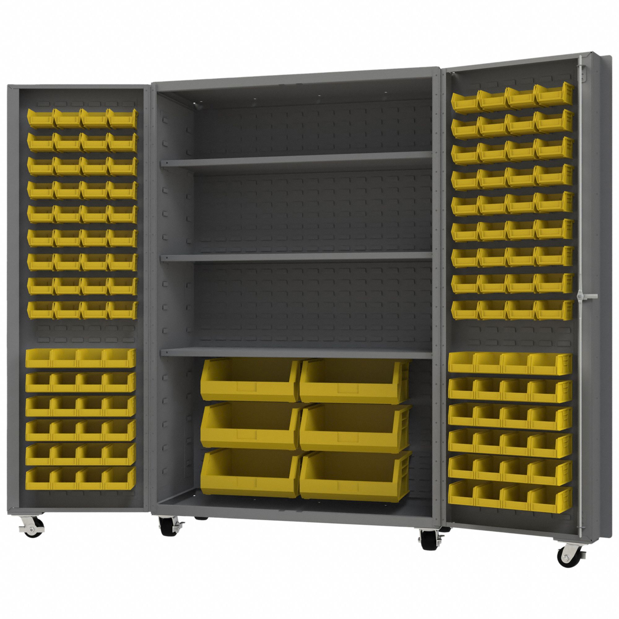 Heavy Duty Mobile Bin Cabinet: 48 1/4 in x 26 in x 76 1/4 in, 3 Shelves, 126 Bins, yellow