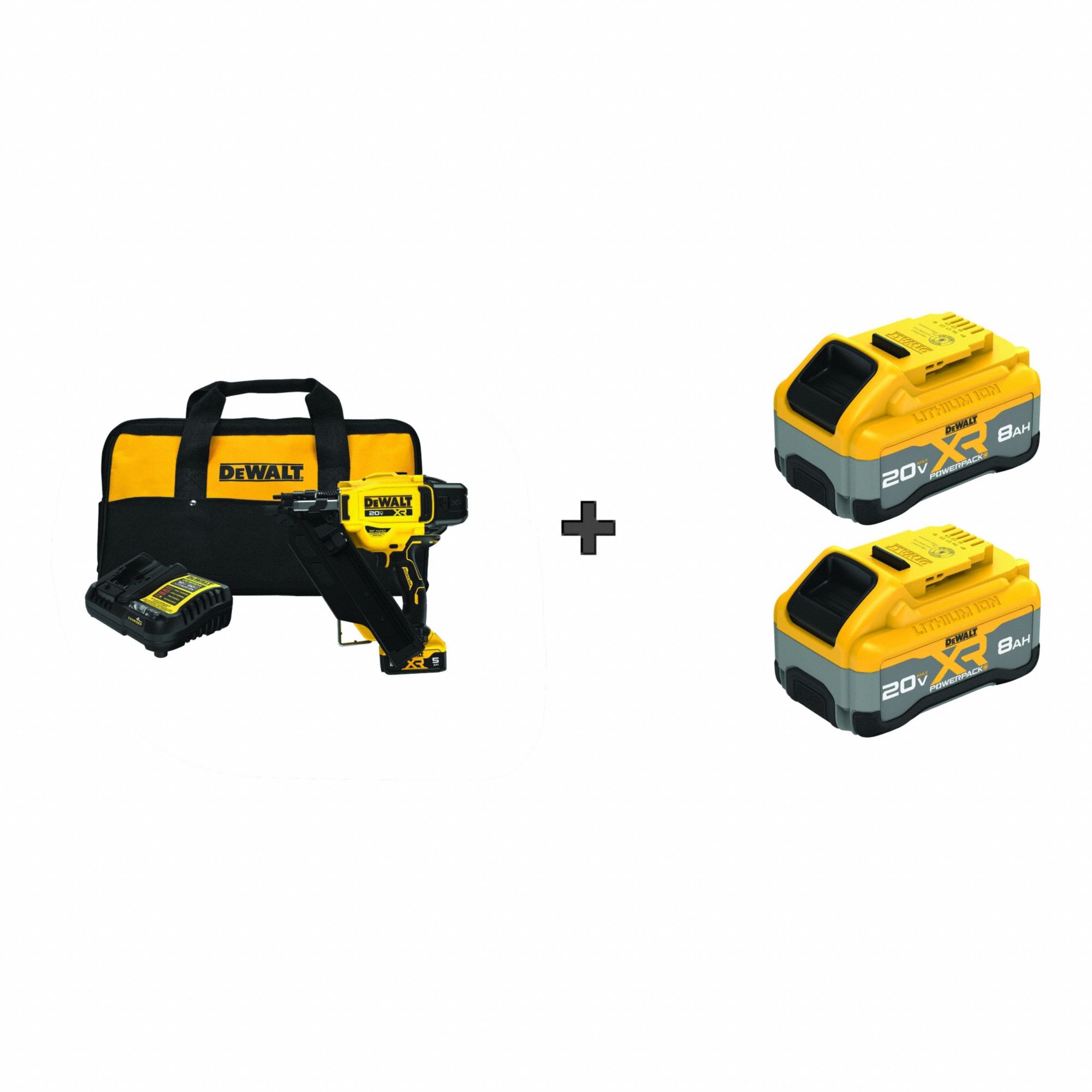 Framing Nailer Kit: Framing, Combo, (1) 5.0 Ah/(2) 8.0 Ah, Plastic, Strip Collation, 30°