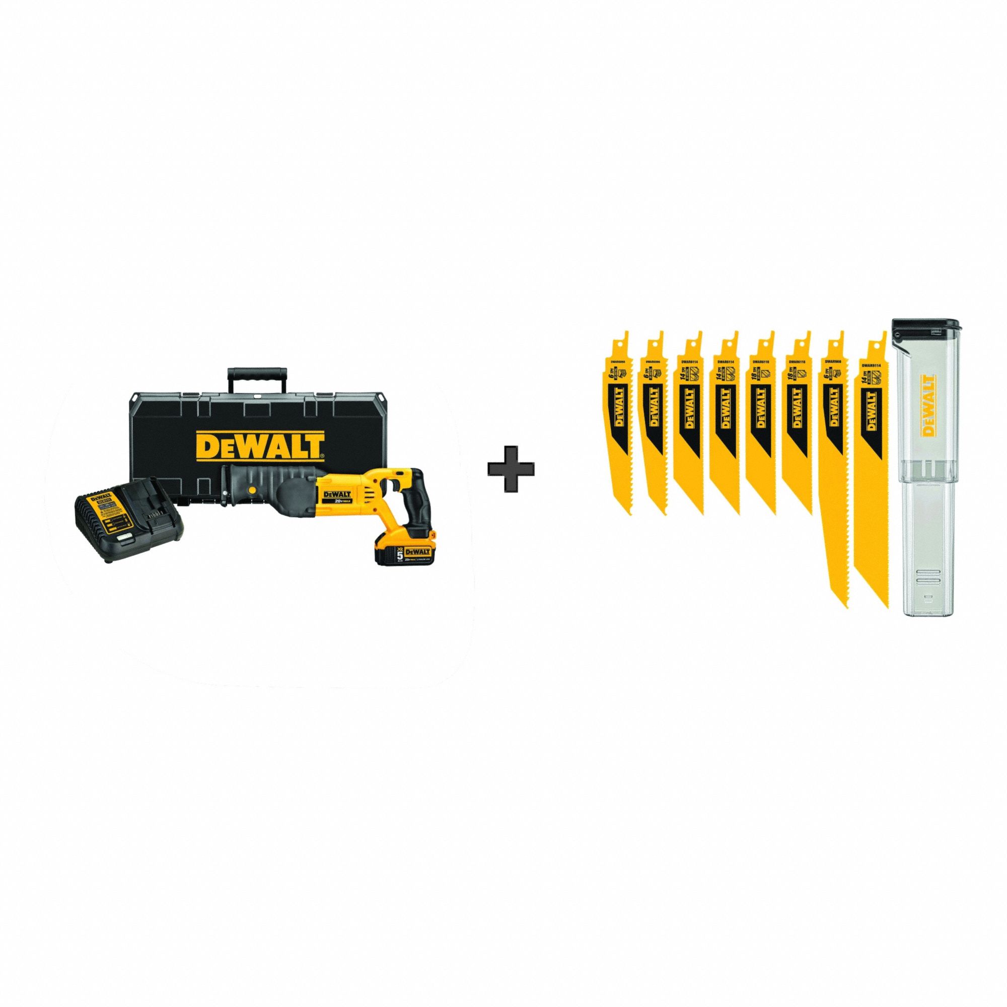 Reciprocating Saw Kit: 1 Battery, 1 Charger , Blade Set, 1 1/8 in Stroke Lg, Orbital, Brushed