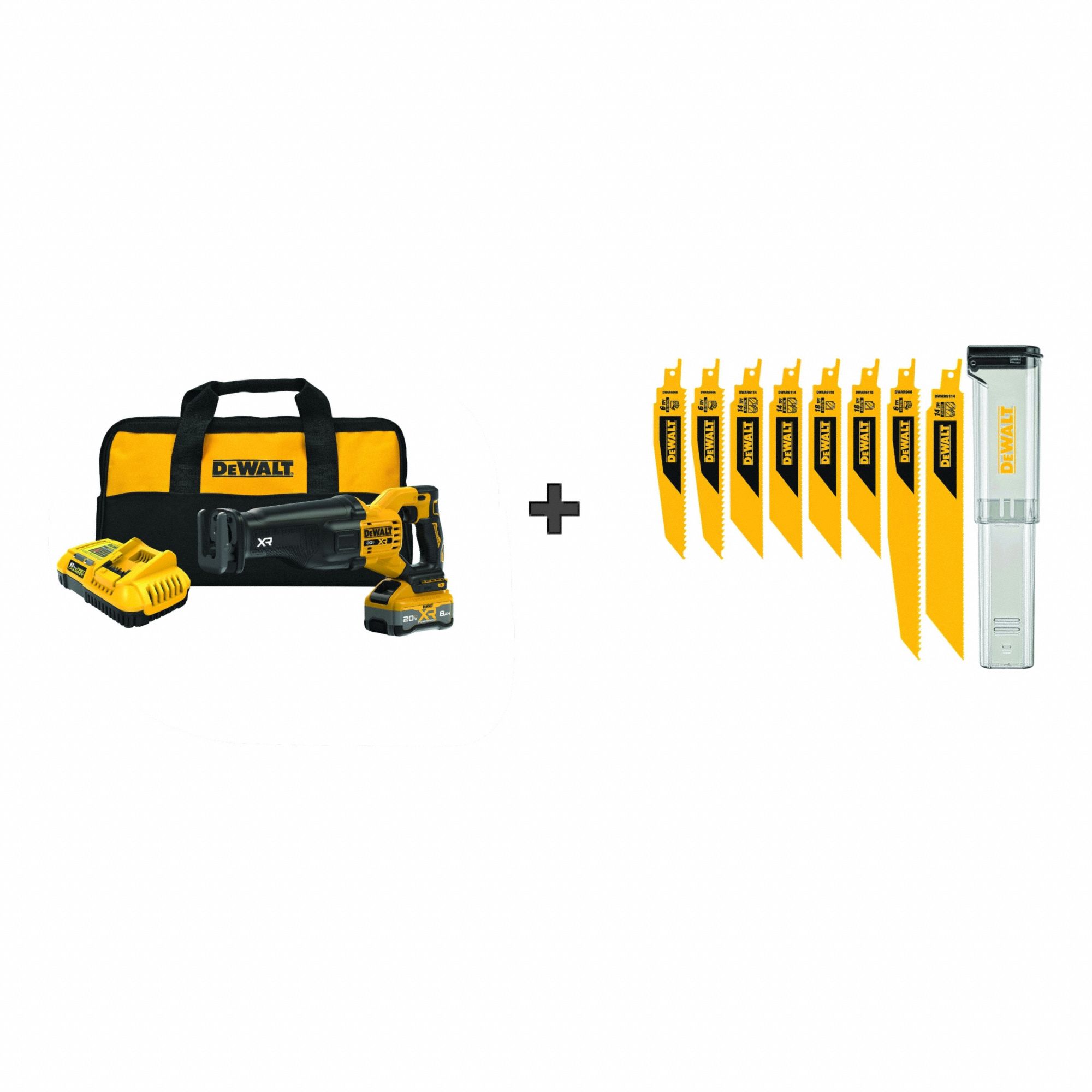 Reciprocating Saw Kit: 1 Battery, 1 Charger , Blade Set, 1 1/8 in Stroke Lg, Straight