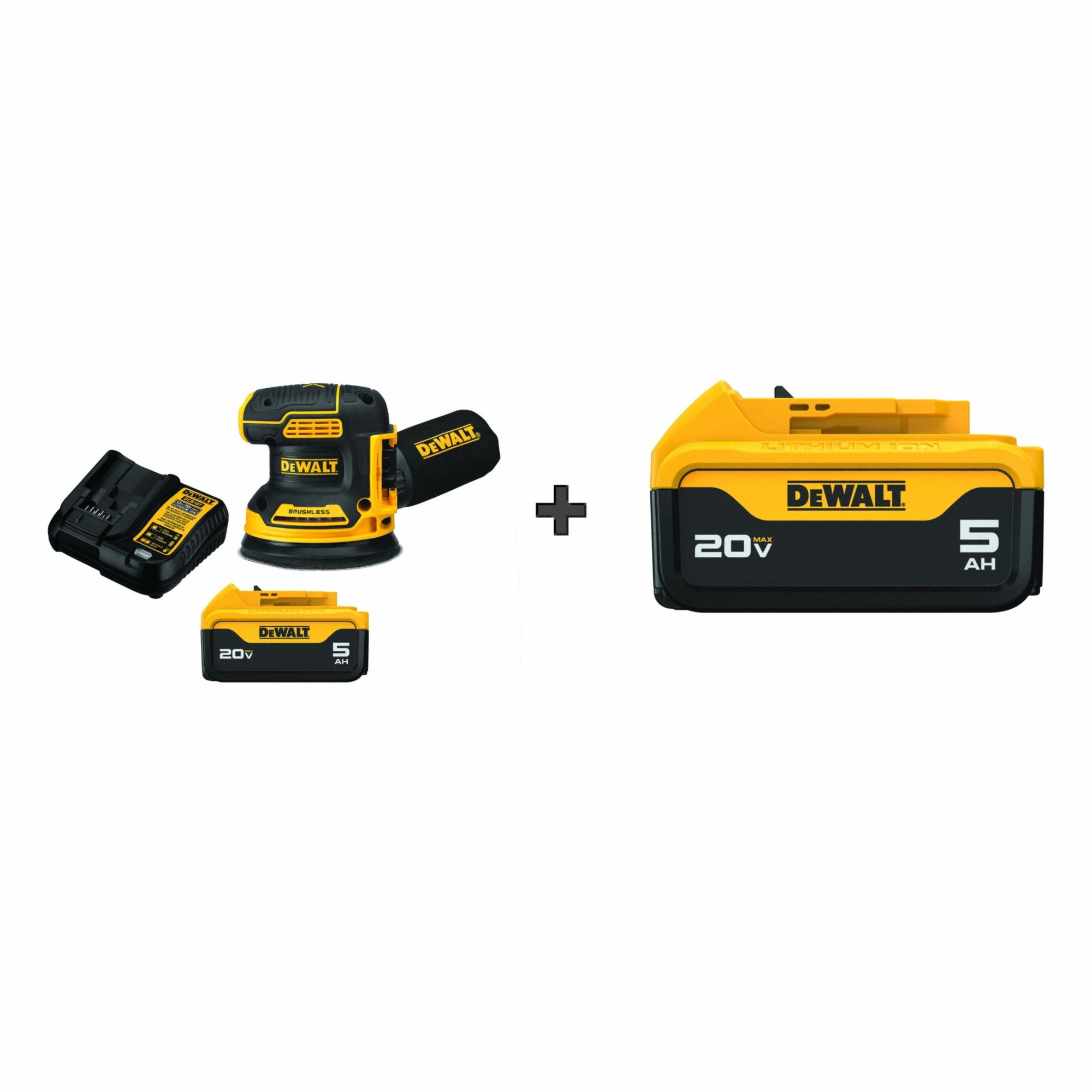 Cordless Sander: 5 in Dia, 3/32 in Orbit, Palm Grip, 20 V