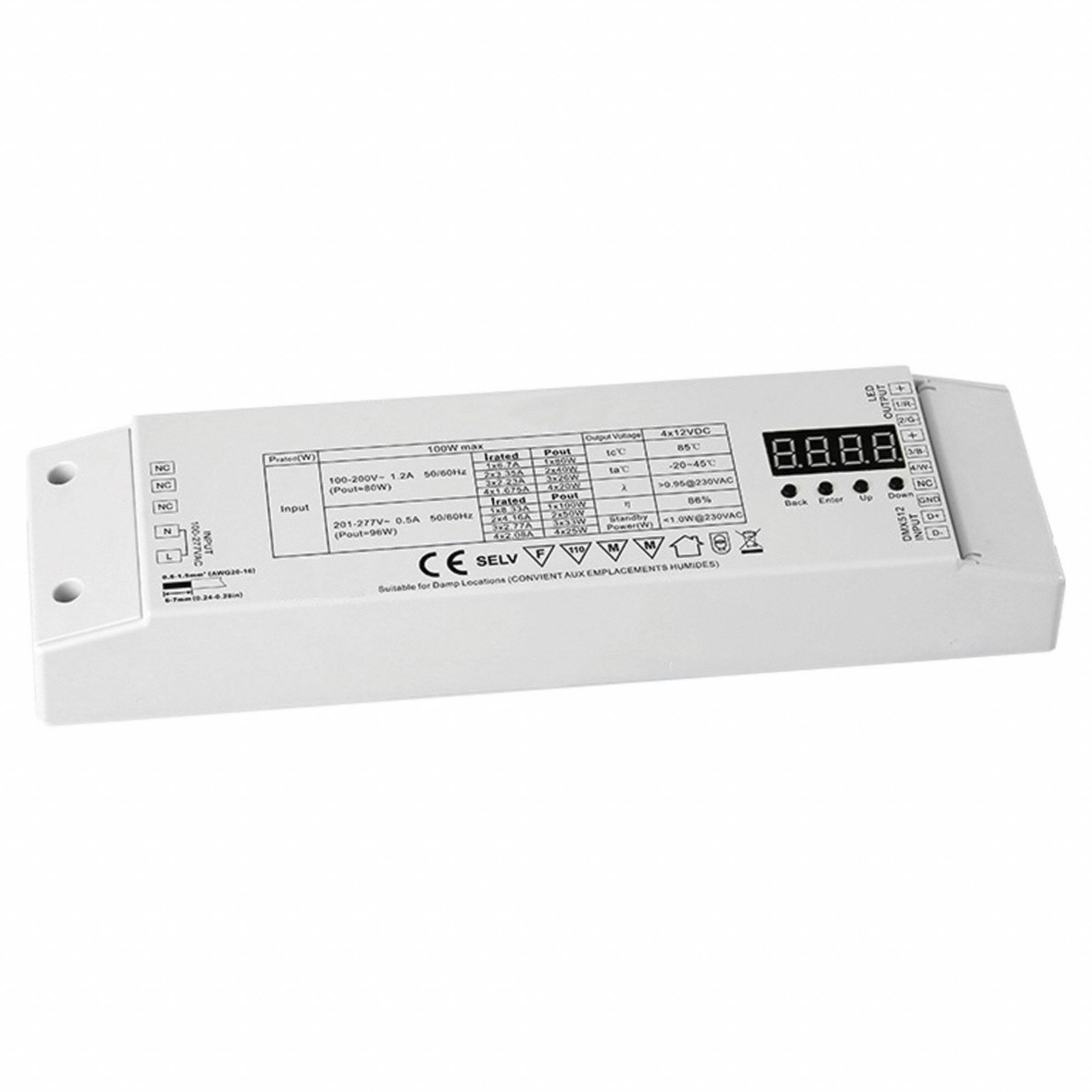 LED Driver: 96 W Power Output, 100 to 277V AC, 24V DC, 9 in Lg, Dry Location Rated, 1 5/16 in Ht