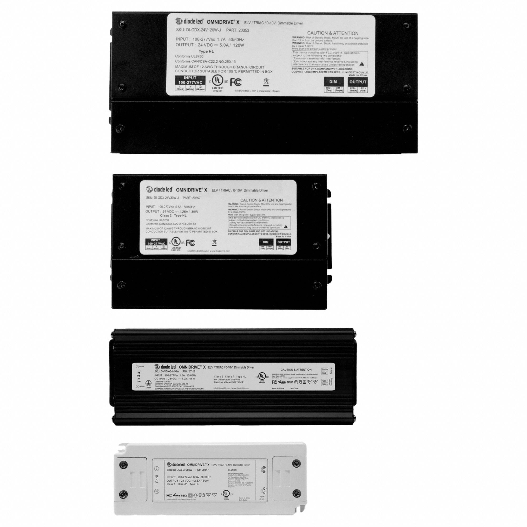 LED Dimmable Driver: 200 W Power Output, 120 to 277V AC, 24V DC, 10 1/4 in Lg, Wet Location Rated