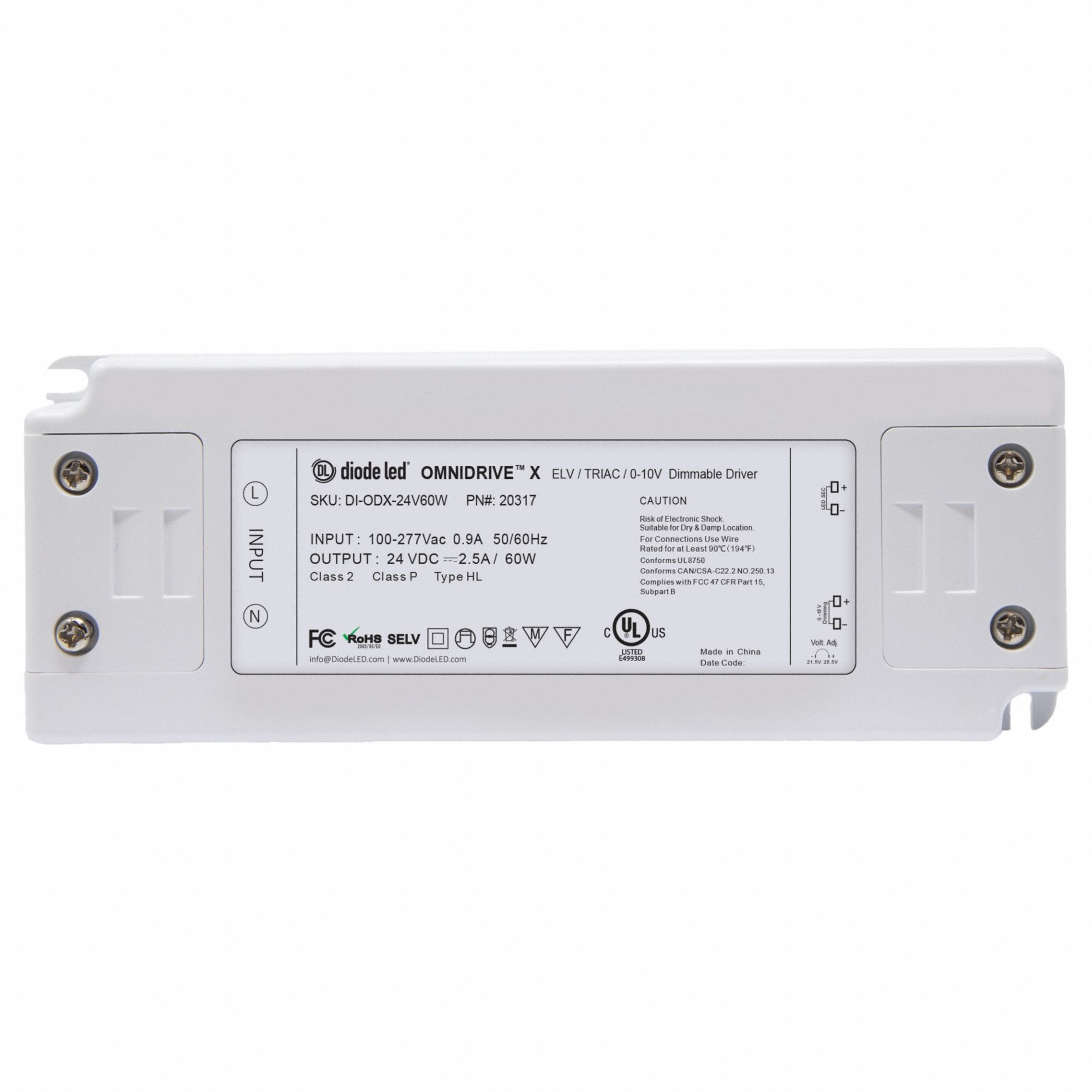 LED Dimmable Driver: 60 W Power Output, 120 to 277V AC, 24V DC, 7 in Lg, Damp Location Rated