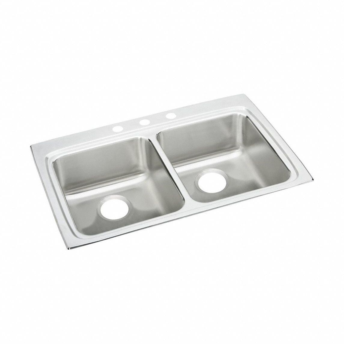 Bowl Drop-In Sink: 33 in Overall Lg, 22 in Overall Wd, 4 1/2 in Bowl Dp, 2 Bowls