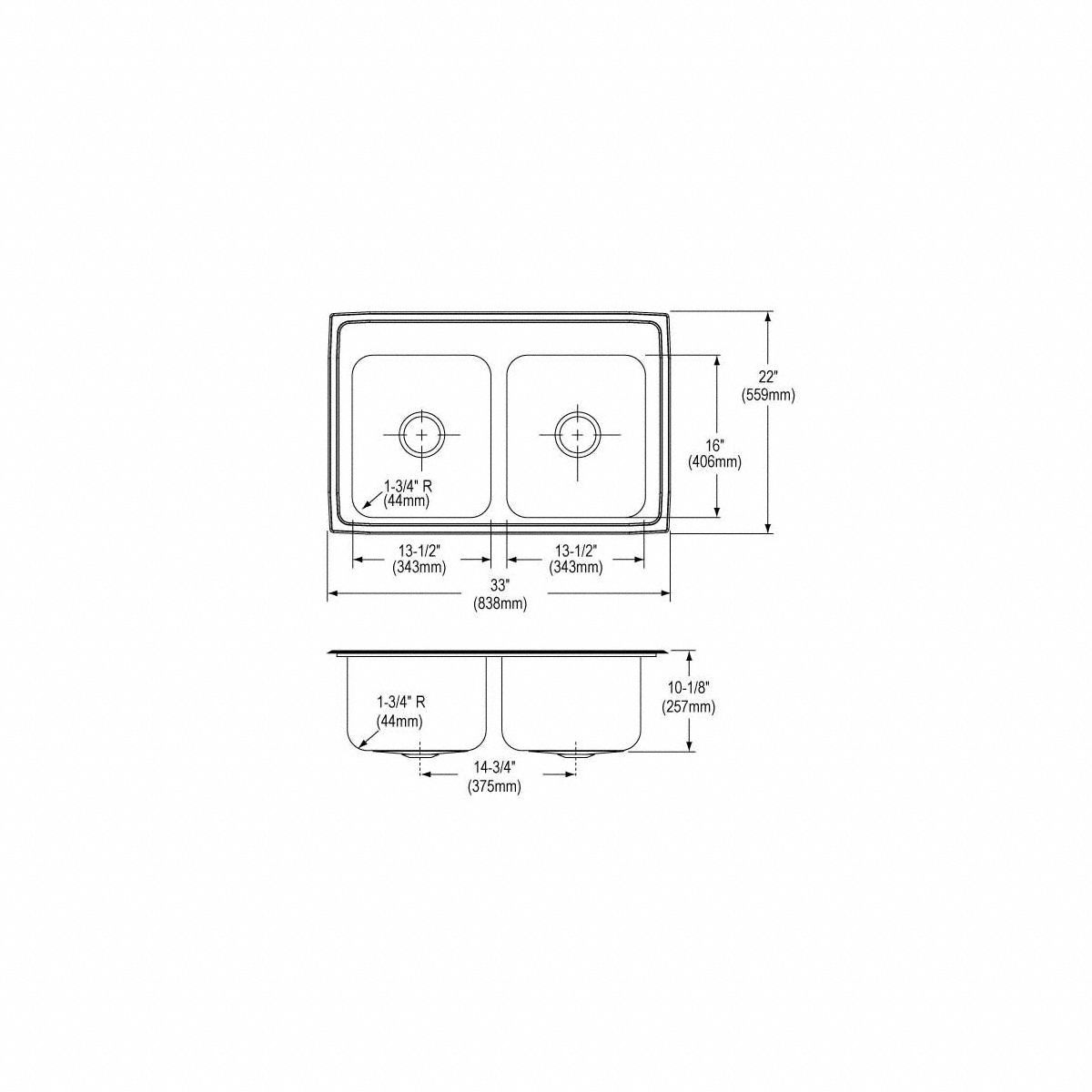Drop-In Sink: 33 in Overall Lg, 21 1/4 in Overall Wd, 10 1/8 in Bowl Dp, 2 Bowls