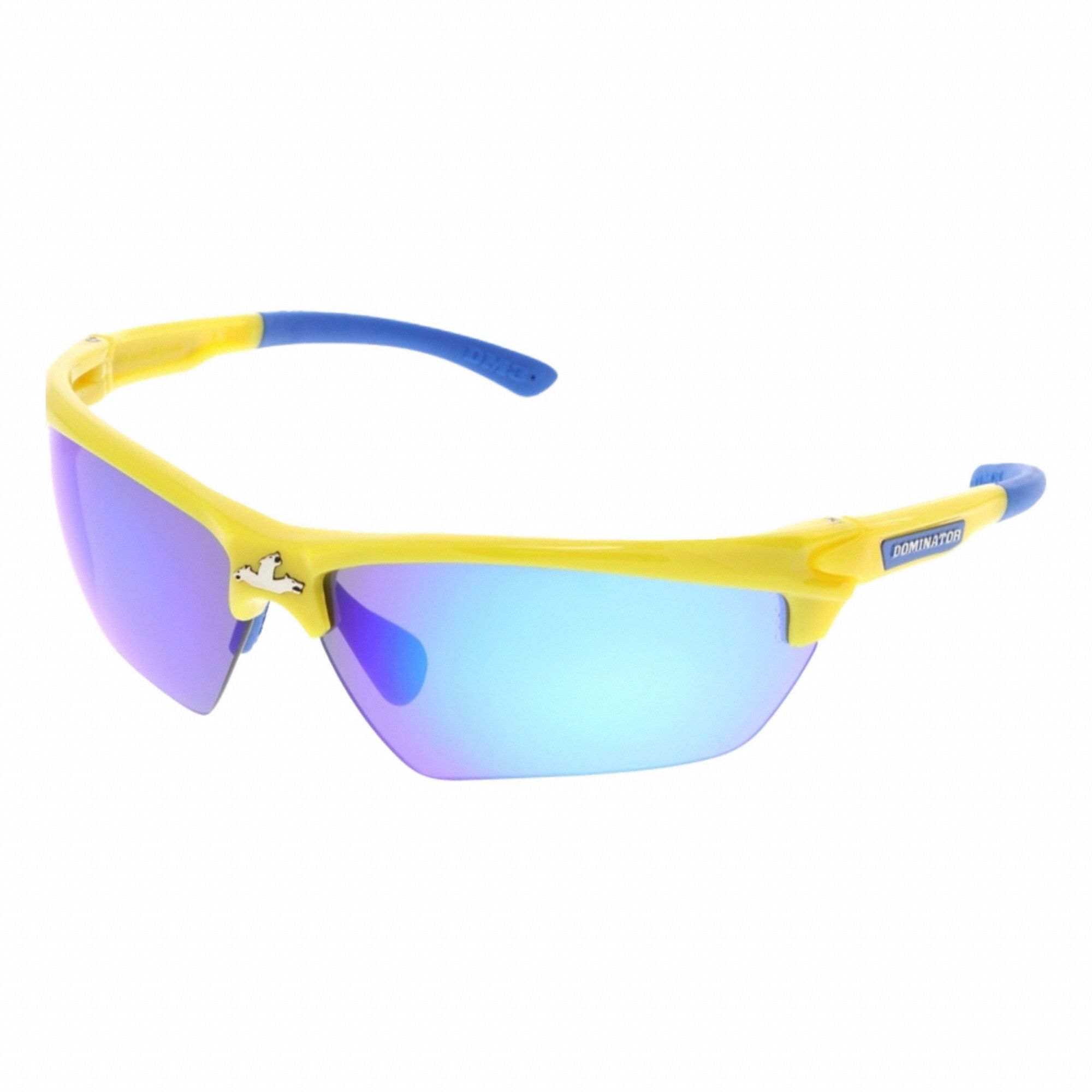Safety Glasses: Blue Lens, Half-Frame, Duramass Hard Coat/Mirrored, Yellow Frame, 1 PR