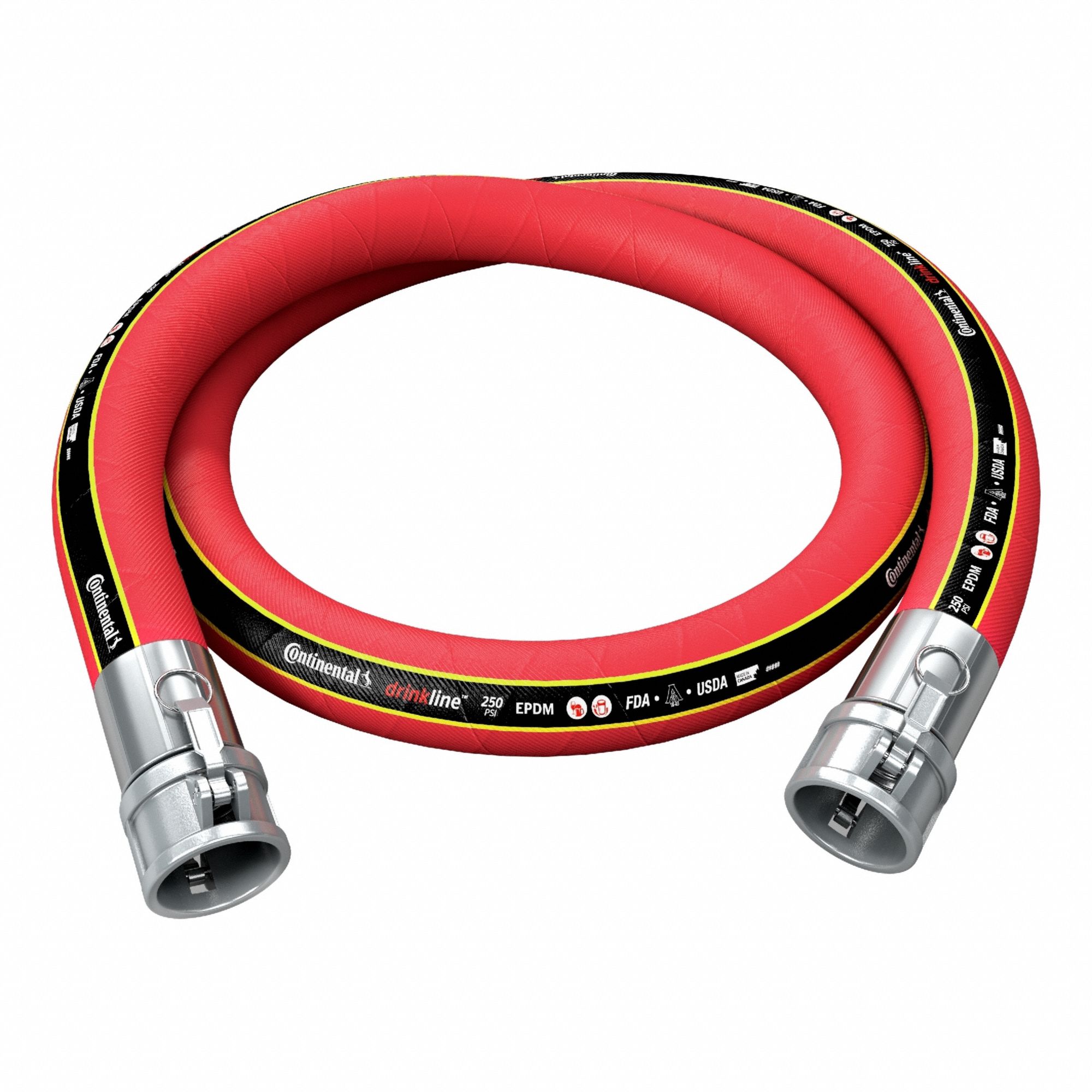 Food Grade Discharge Hose Assembly: 1 1/2 in Hose Inside Dia., 250 psi, Red, EPDM, EPDM