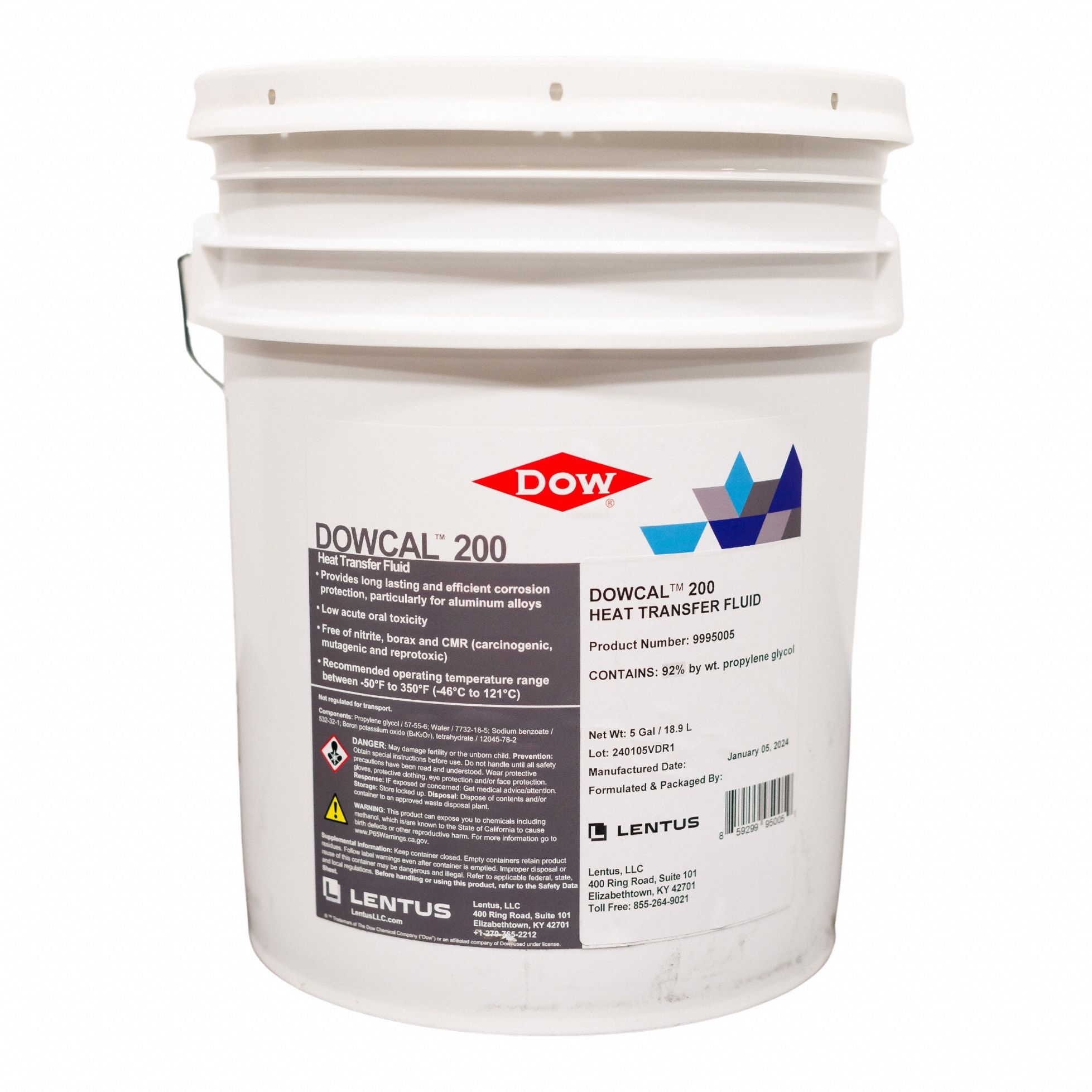 Freeze Protectant: DOWCAL 200, 92% Concentration, Blue, 5 gal Pail, -60°F to 350°F