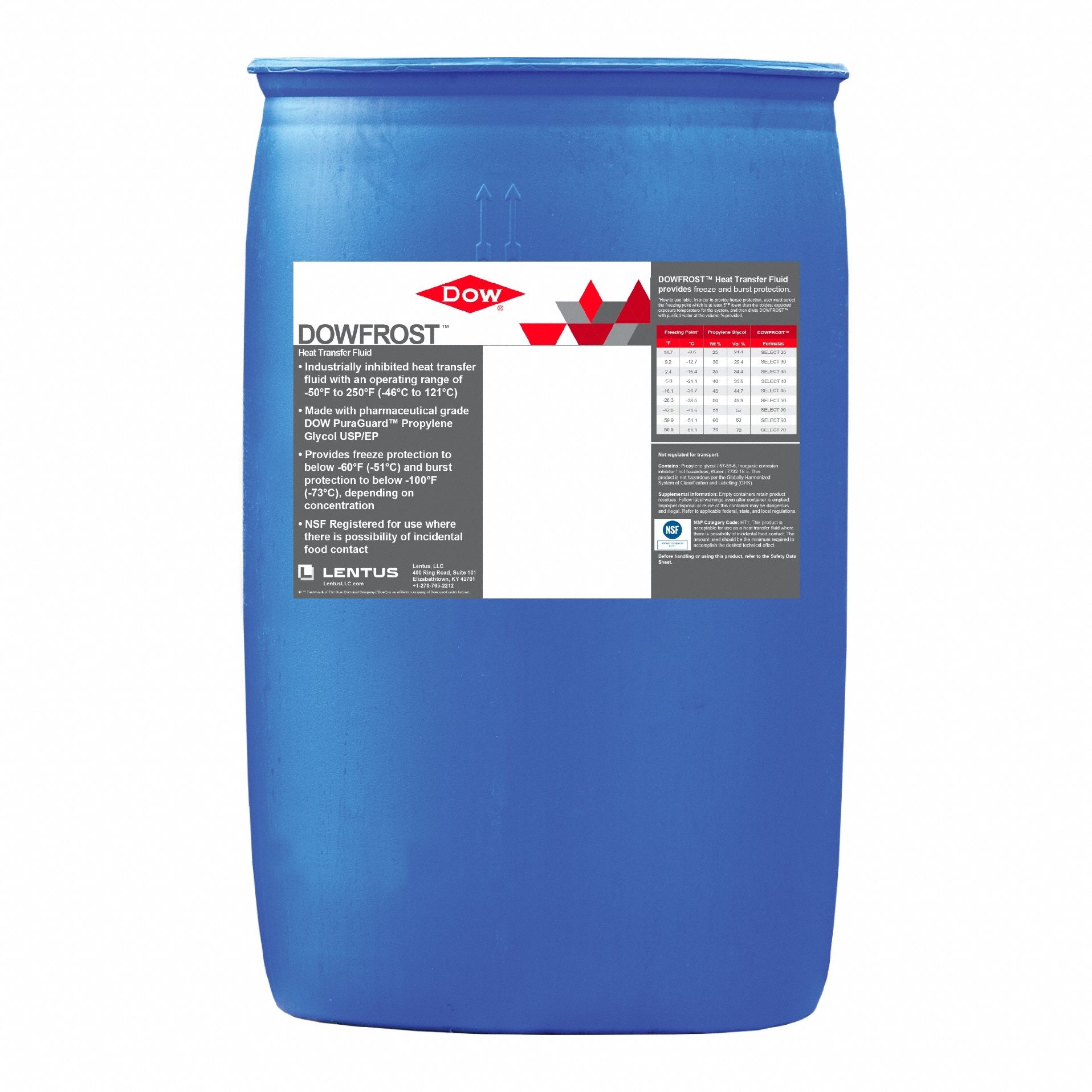 Heat Transfer Fluid: DOWFROST, Food Safe, 30% Concentration, Blue, 55 gal Drum