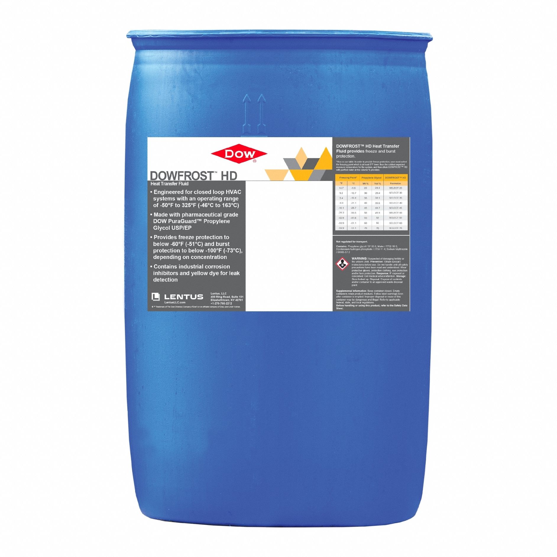 Heat Transfer Fluid: DOWFROST, 30% Concentration, Yellow, 55 gal Drum, -50.8°F to 325.4°F