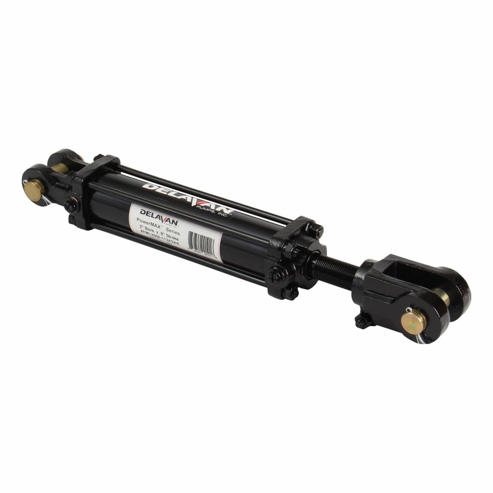 DELAVAN AG PUMPS Tie Rod Hydraulic Cylinder: 2 in Bore Dia., 8 in Stroke Lg, 3/8" NPT/ORB8 Port Size (MPN DPL2008-112ASAE). Key specifications — attr98892: DELAVAN AG PUMPS; attr95589: 7,854 lb; attr95592: Double Acting; attr1142403: Dual Port PowerMax; attr1382128: 3/8" NPT.