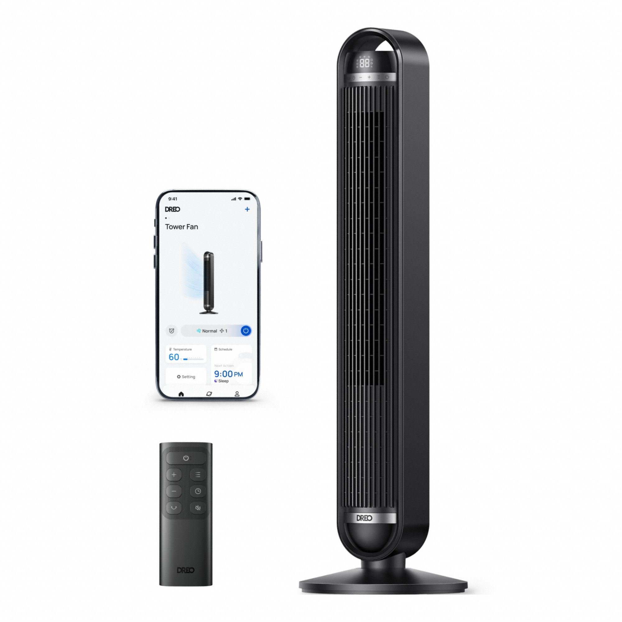 Circulating Fan: 42 7/16 in Ht, 9 Speeds, Oscillating, Black, Bedroom/Living Room/Office, ABS