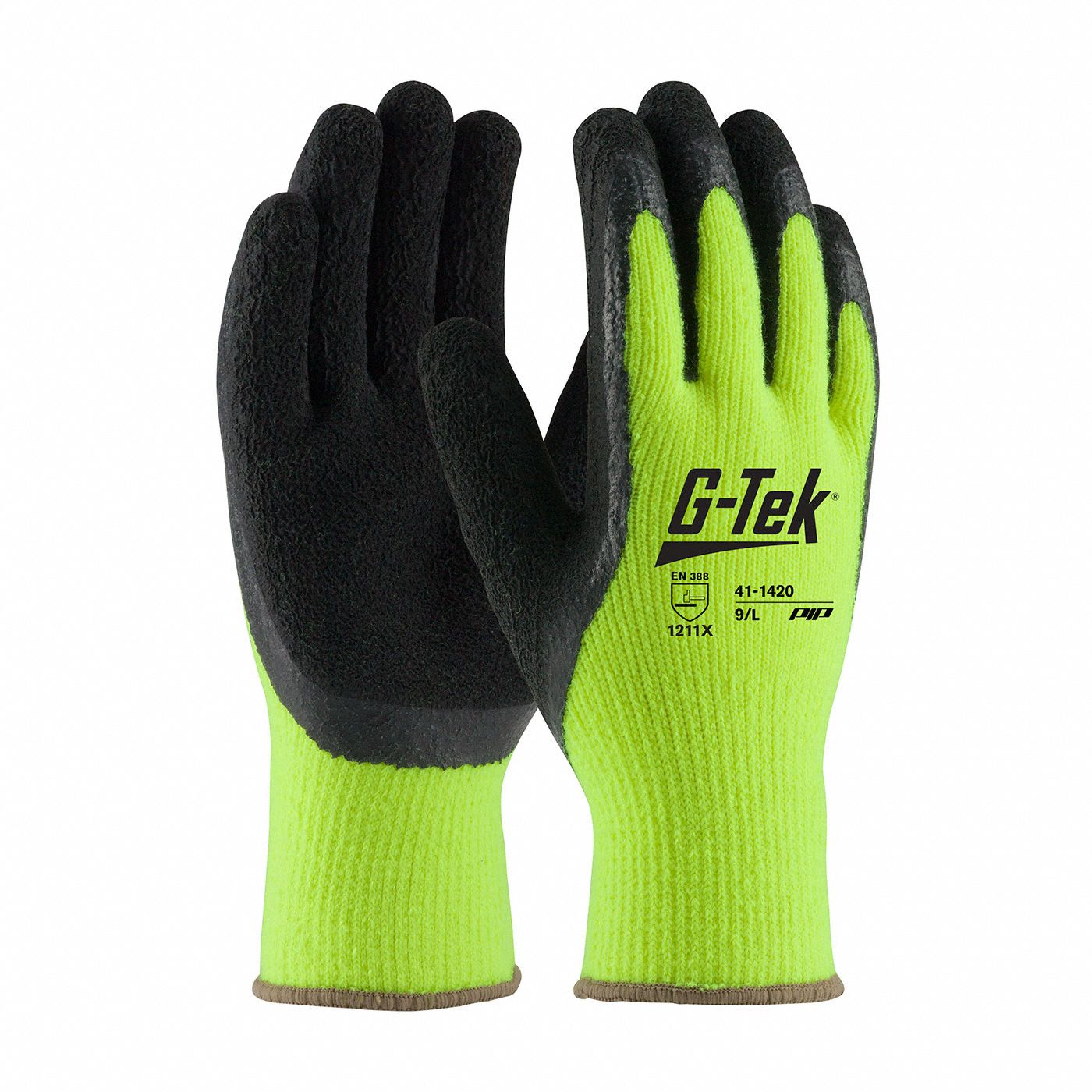 G-TEK COATED GLOVES, YELLOW, L, ACRYLIC, 7 GA, LATEX, FINGERS, AND THUMB, 10 4/5 IN