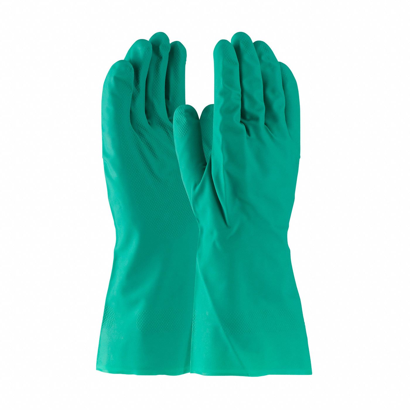 CHEMICAL-RESISTANT GLOVES, UNLINED, DIAMOND GRIP, SZ S/7, 13 IN L/11 MIL THICK, GRN, NITRILE